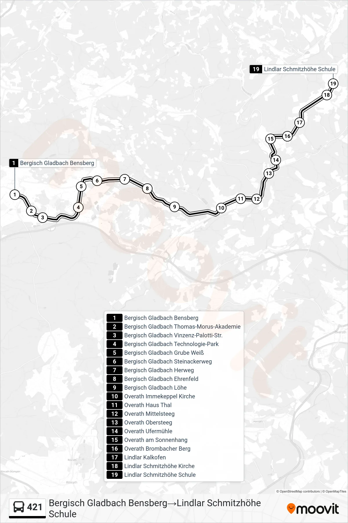 Linie 421 (Bus) Richtung Bergisch Gladbach Bensberg→Lindlar Schmitzhöhe Schule: Route und Haltestellen auf der Karte