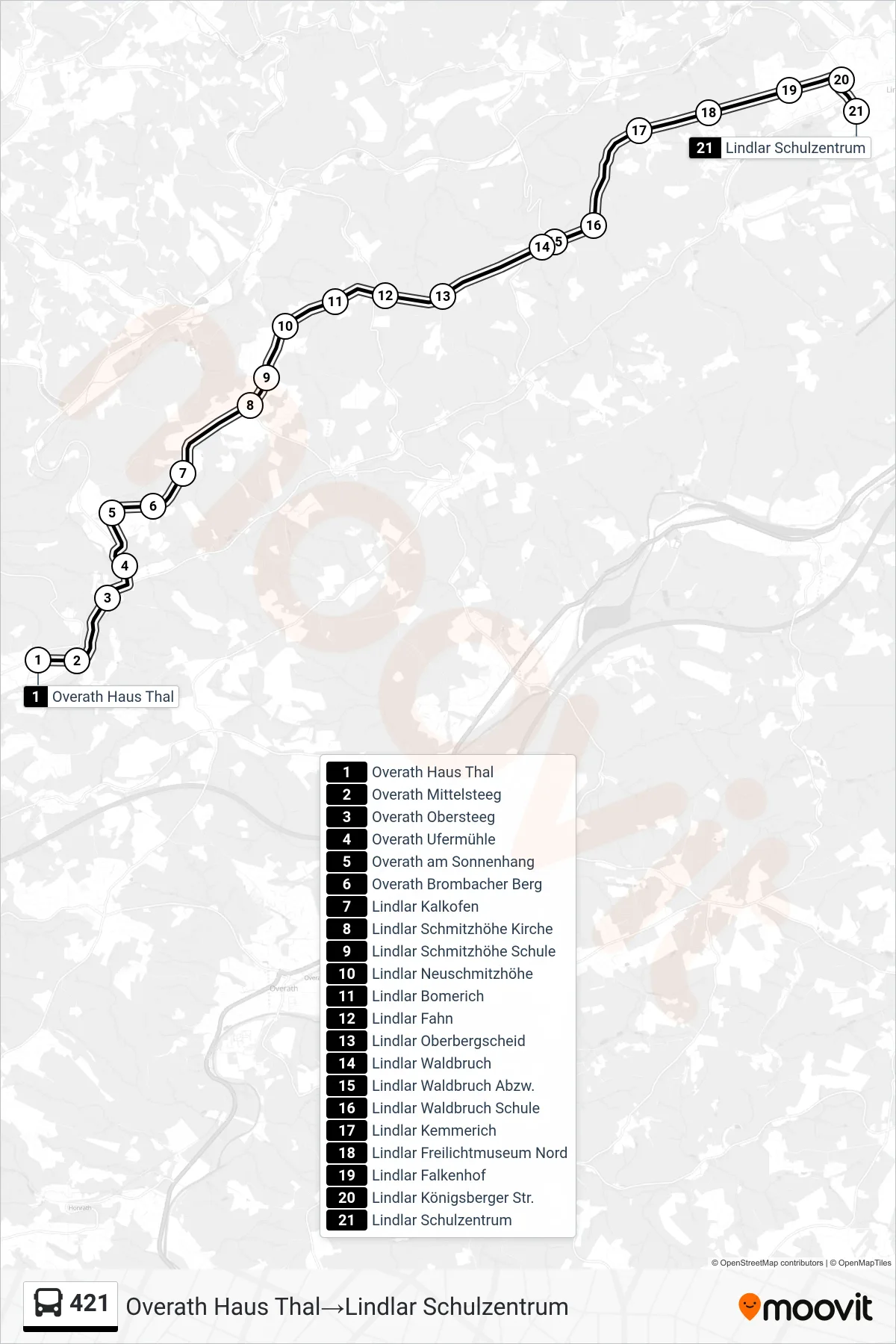 Linie 421 (Bus) Richtung Overath Haus Thal→Lindlar Schulzentrum: Route und Haltestellen auf der Karte