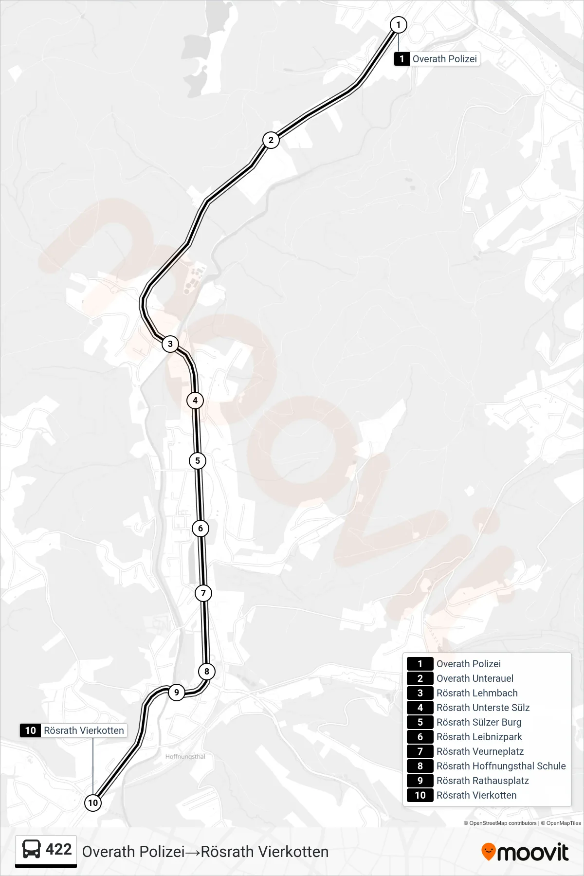 422 bus Line (Overath Polizei→Rösrath Vierkotten) route and stops on a map