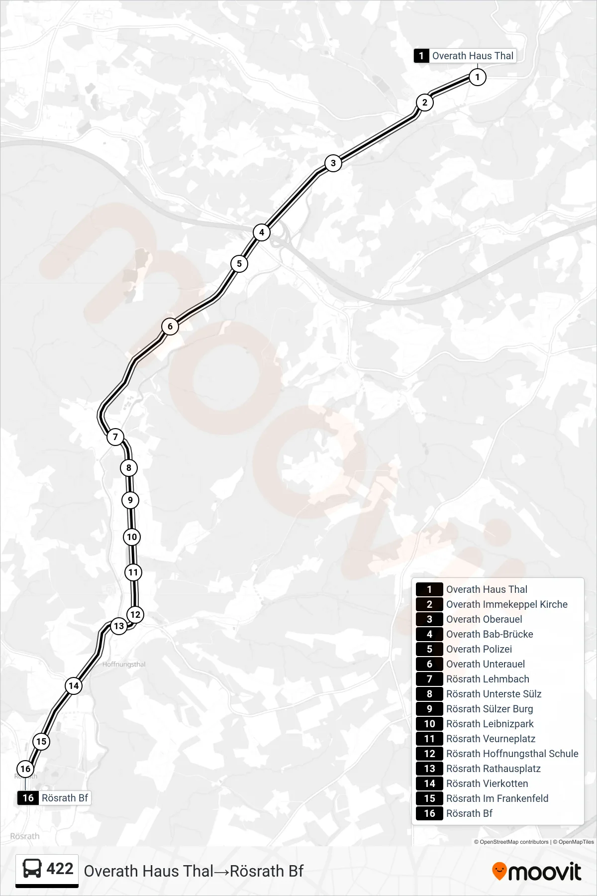 Linie 422 (Bus) Richtung Overath Haus Thal→Rösrath Bf: Route und Haltestellen auf der Karte