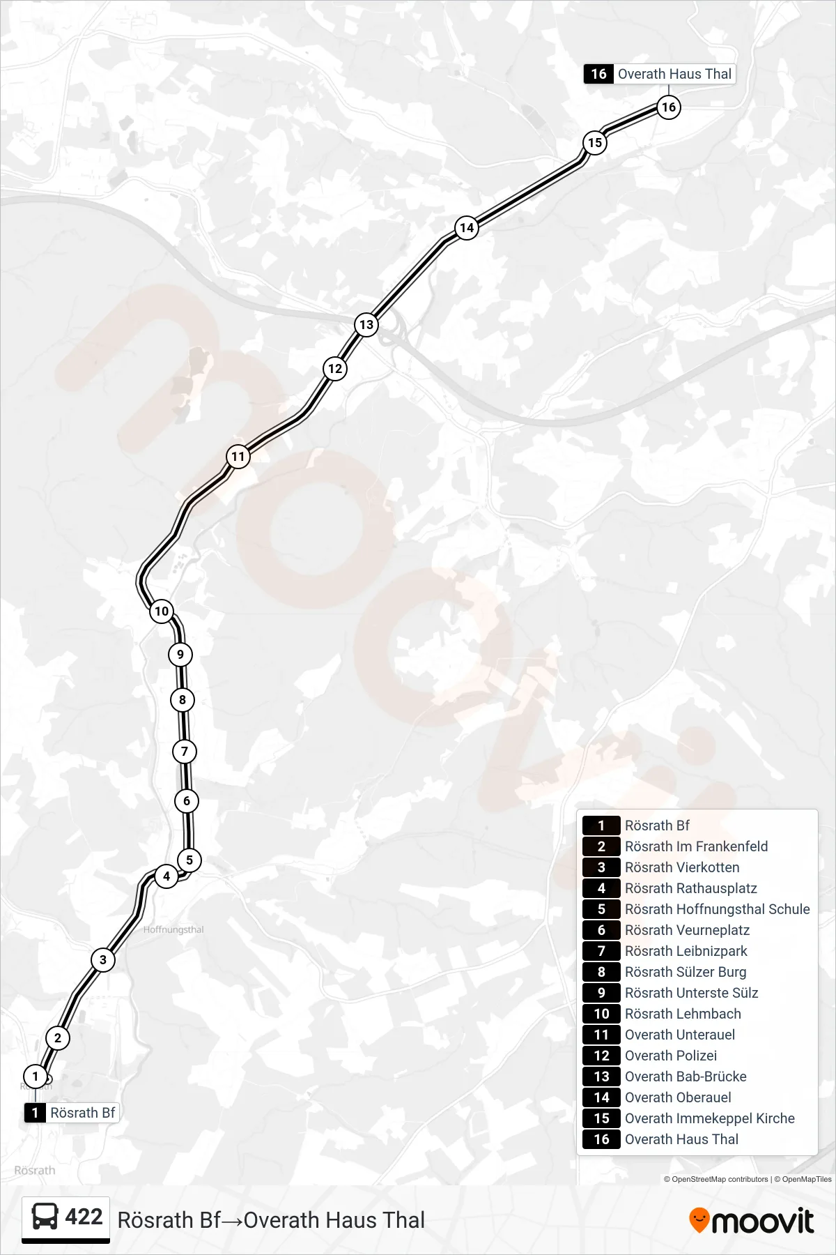 Linie 422 (Bus) Richtung Rösrath Bf→Overath Haus Thal: Route und Haltestellen auf der Karte