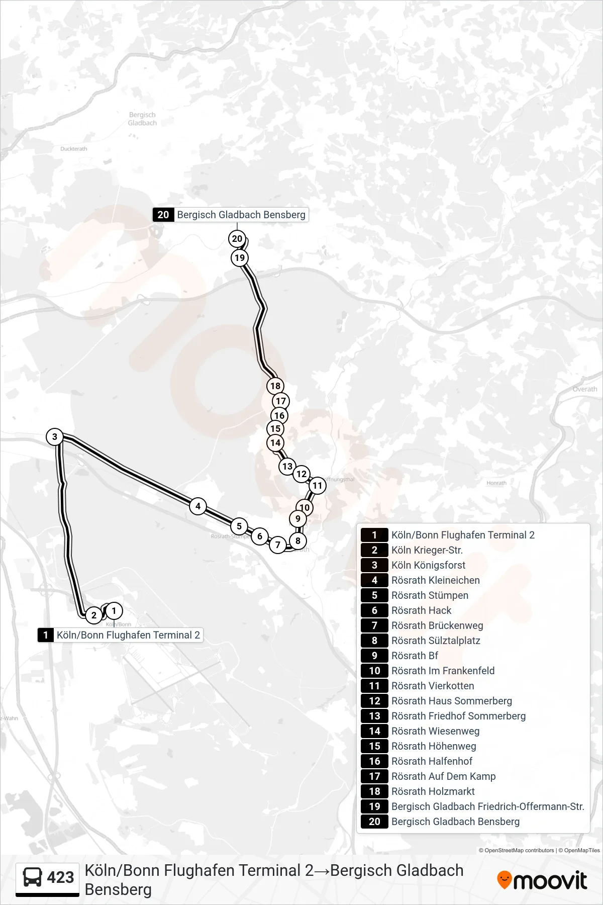 Linie 423 (Bus) Richtung Köln/Bonn Flughafen Terminal 2→Bergisch Gladbach Bensberg: Route und Haltestellen auf der Karte