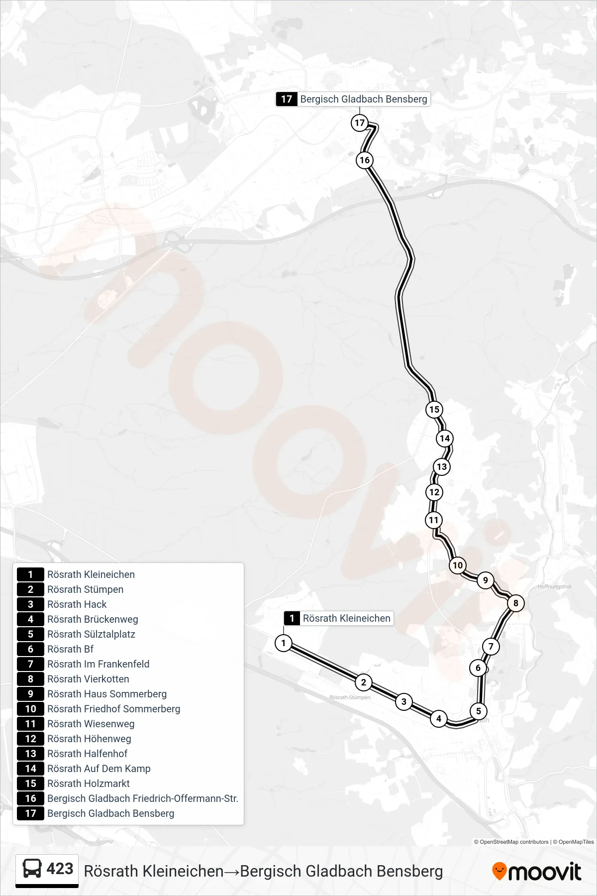Linie 423 (Bus) Richtung Rösrath Kleineichen→Bergisch Gladbach Bensberg: Route und Haltestellen auf der Karte