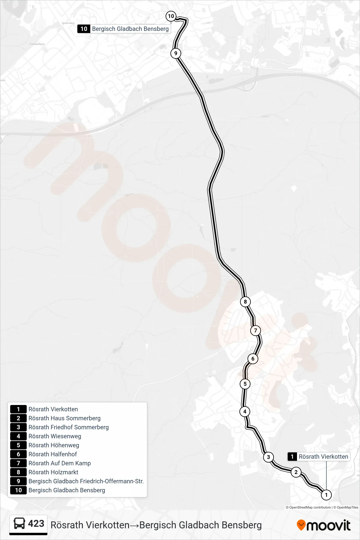 423 bus Line (Rösrath Vierkotten→Bergisch Gladbach Bensberg) route and stops on a map