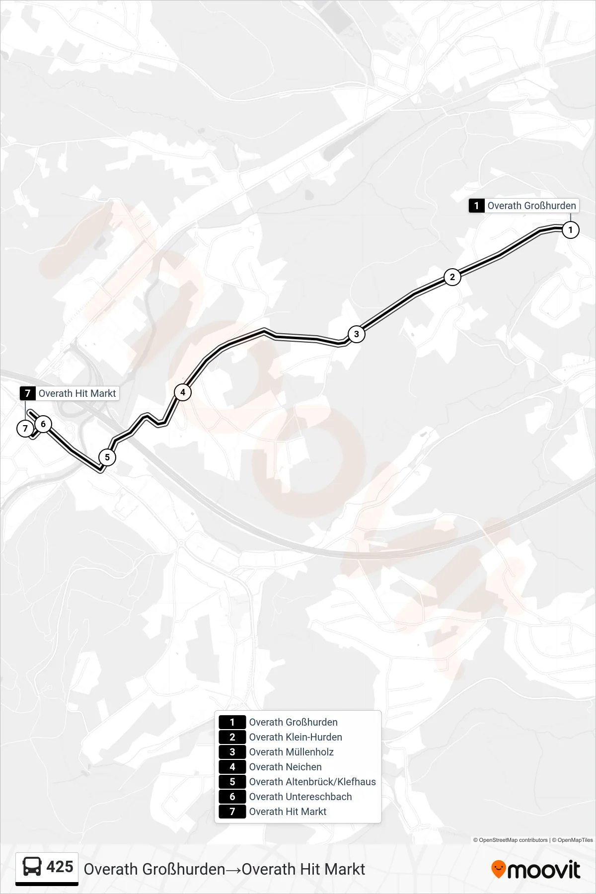 Linie 425 (Bus) Richtung Overath Großhurden‎→Overath Hit Markt: Route und Haltestellen auf der Karte