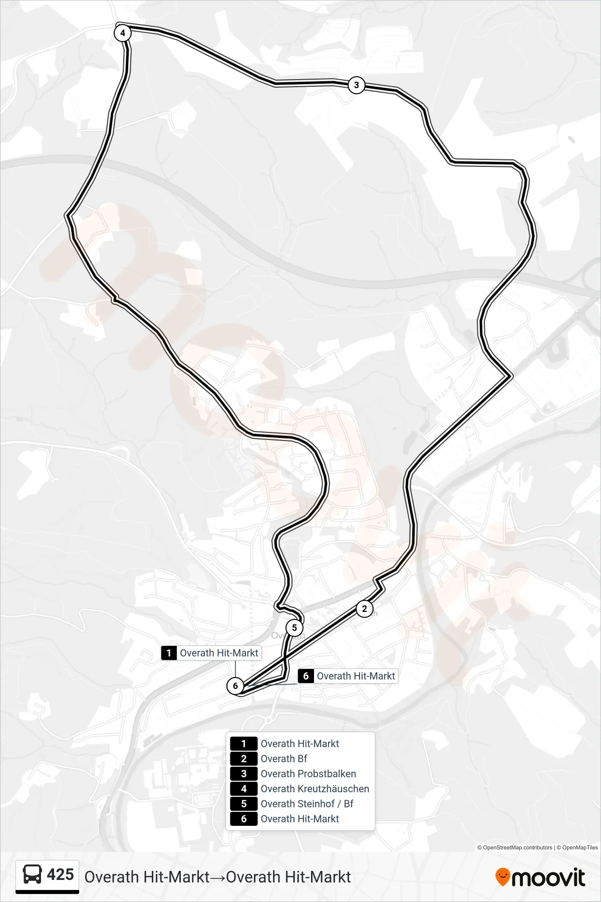 Linie 425 (Bus) Richtung Overath Hit-Markt→Overath Hit-Markt: Route und Haltestellen auf der Karte