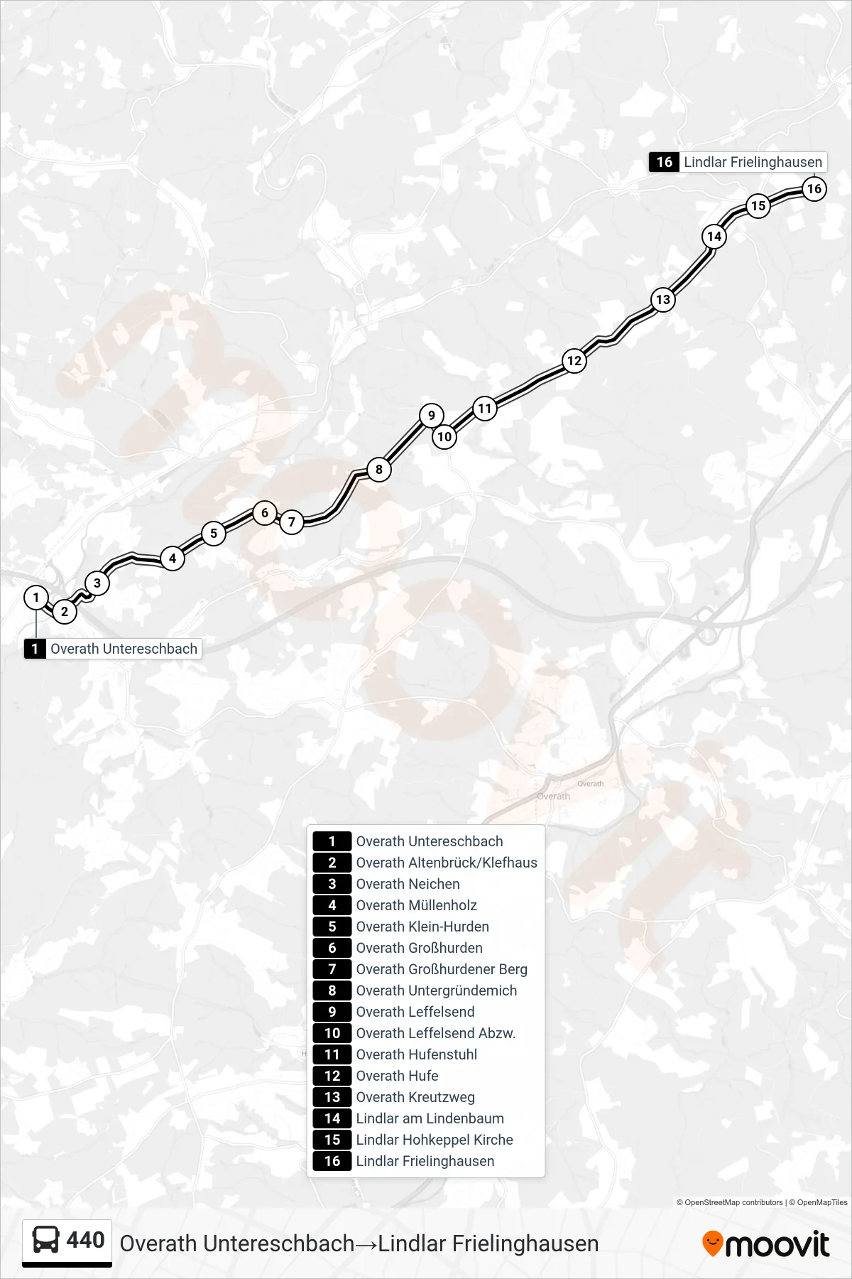 Linie 440 (Bus) Richtung Overath Untereschbach→Lindlar Frielinghausen: Route und Haltestellen auf der Karte