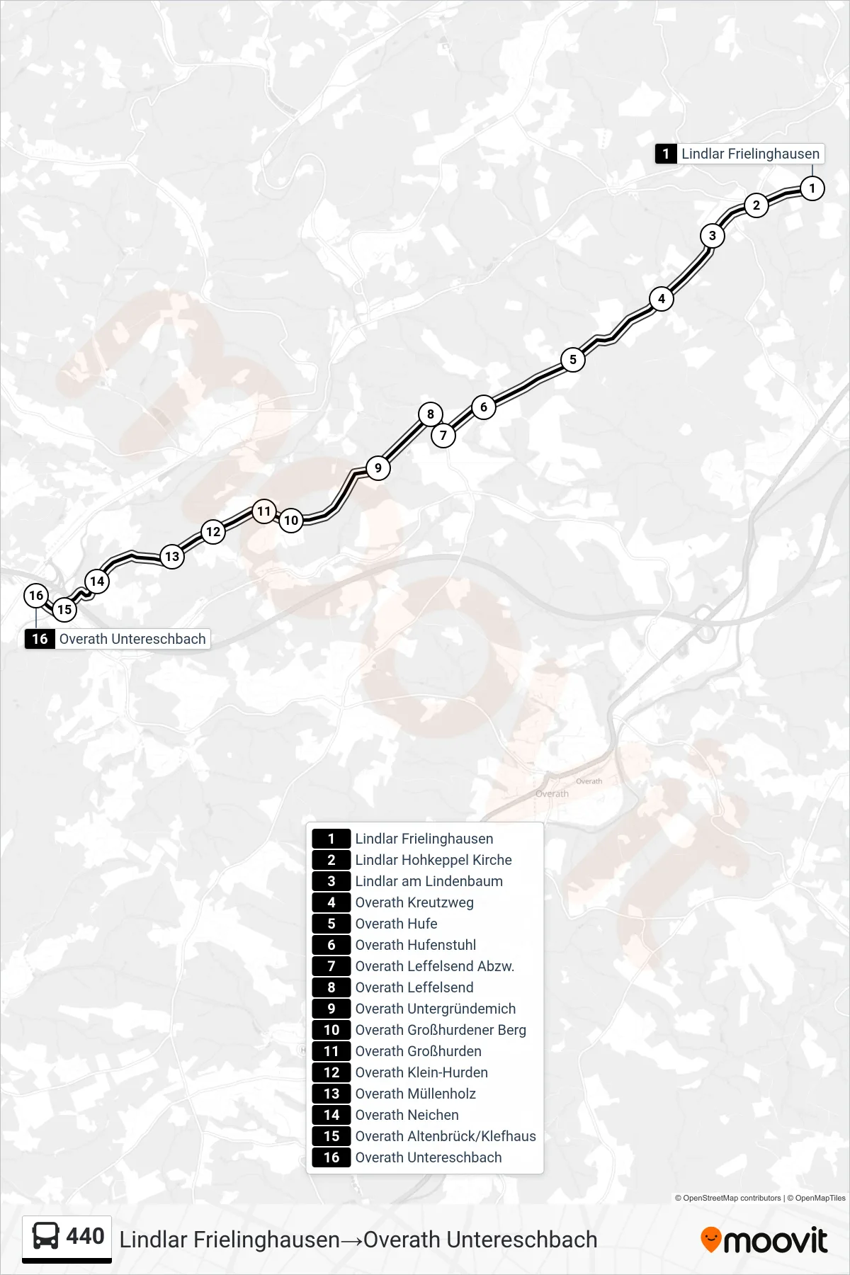 Linie 440 (Bus) Richtung Lindlar Frielinghausen‎→Overath Untereschbach: Route und Haltestellen auf der Karte