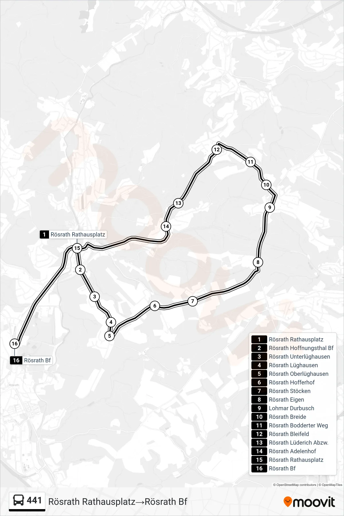 Linie 441 (Bus) Richtung Rösrath Rathausplatz‎→Rösrath Bf: Route und Haltestellen auf der Karte