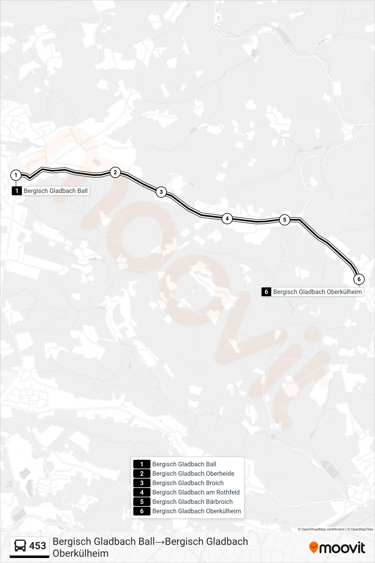 Linie 453 (Bus) Richtung Bergisch Gladbach Ball→Bergisch Gladbach Oberkülheim: Route und Haltestellen auf der Karte