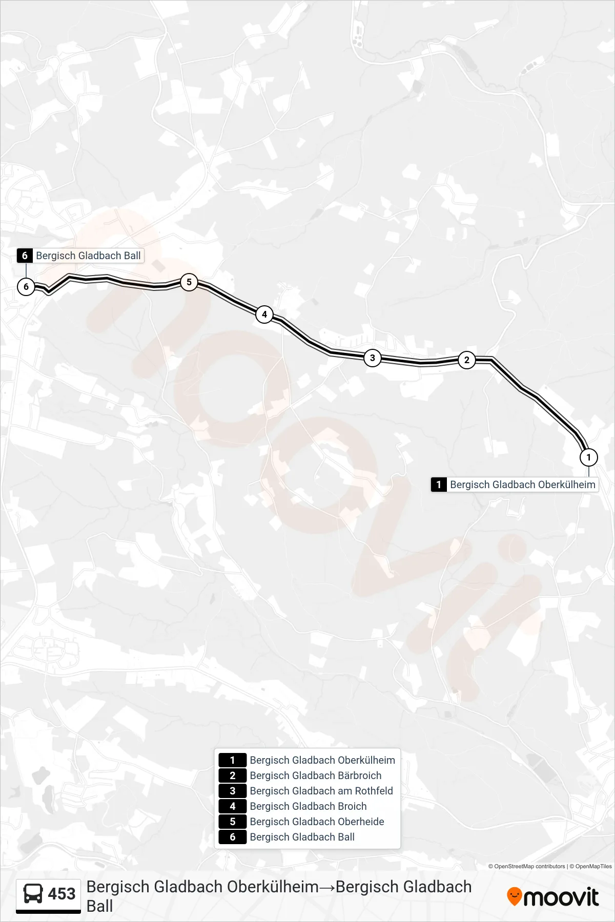 Linie 453 (Bus) Richtung Bergisch Gladbach Oberkülheim→Bergisch Gladbach Ball: Route und Haltestellen auf der Karte