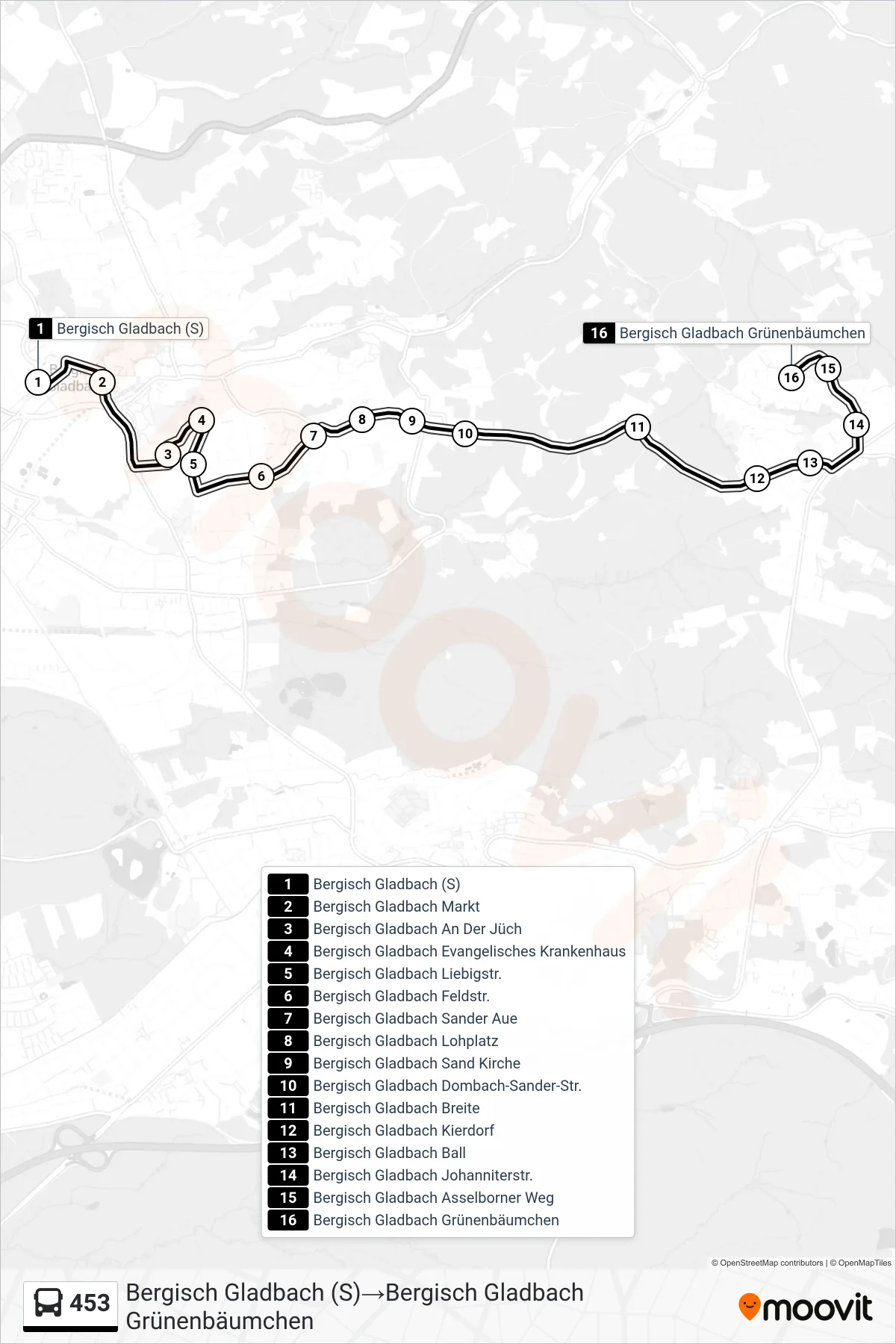 Linie 453 (Bus) Richtung Bergisch Gladbach (S)→Bergisch Gladbach Grünenbäumchen: Route und Haltestellen auf der Karte