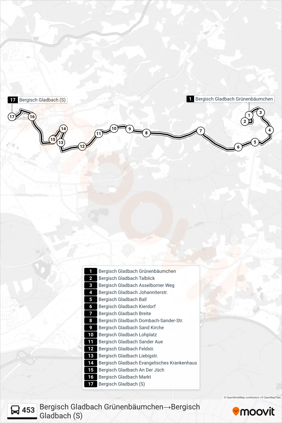 Linie 453 (Bus) Richtung Bergisch Gladbach Grünenbäumchen→Bergisch Gladbach (S): Route und Haltestellen auf der Karte