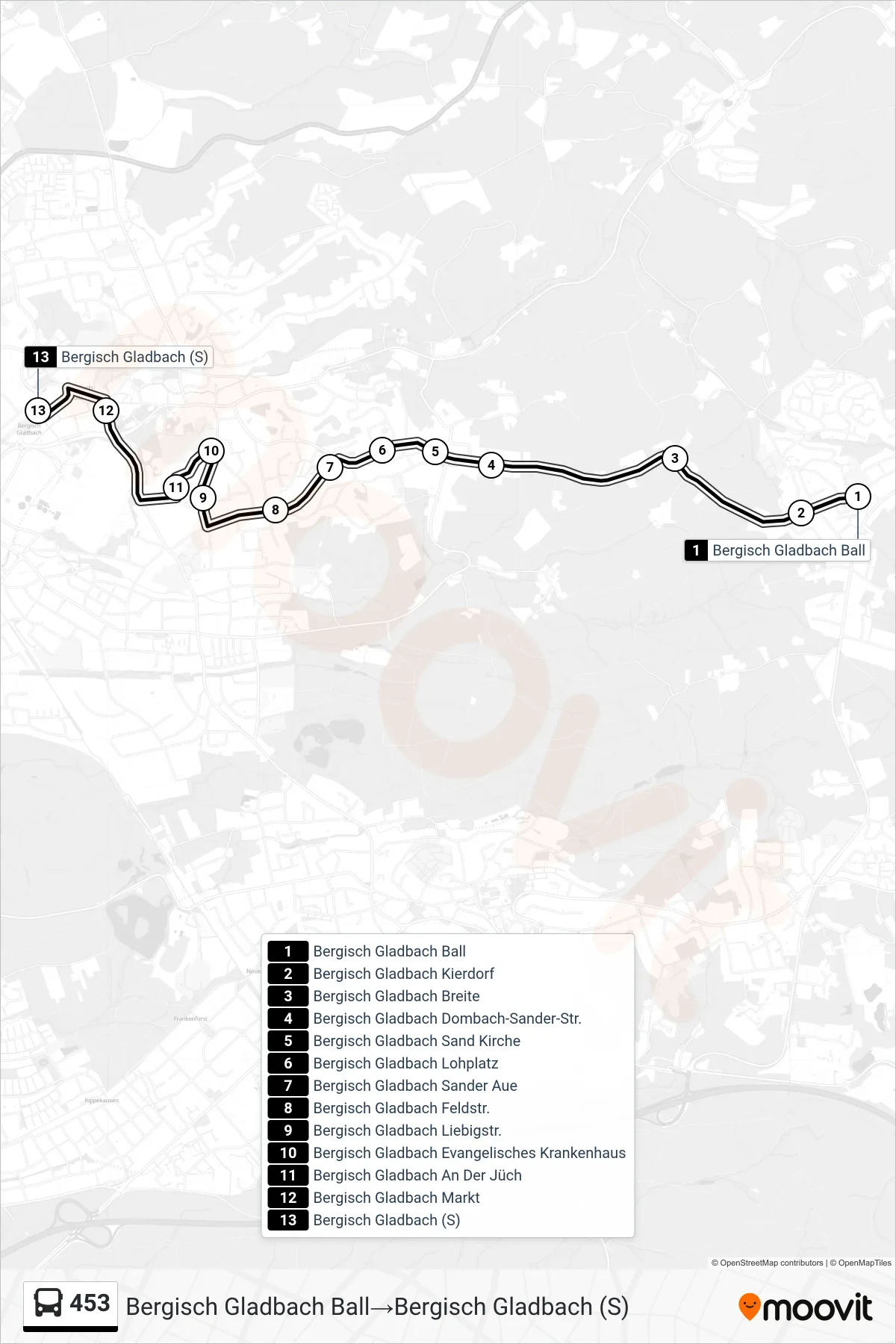 453 bus Line (Bergisch Gladbach Ball→Bergisch Gladbach (S)) route and stops on a map