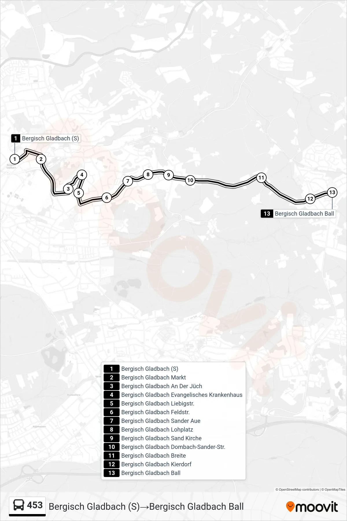 Linie 453 (Bus) Richtung Bergisch Gladbach (S)→Bergisch Gladbach Ball: Route und Haltestellen auf der Karte