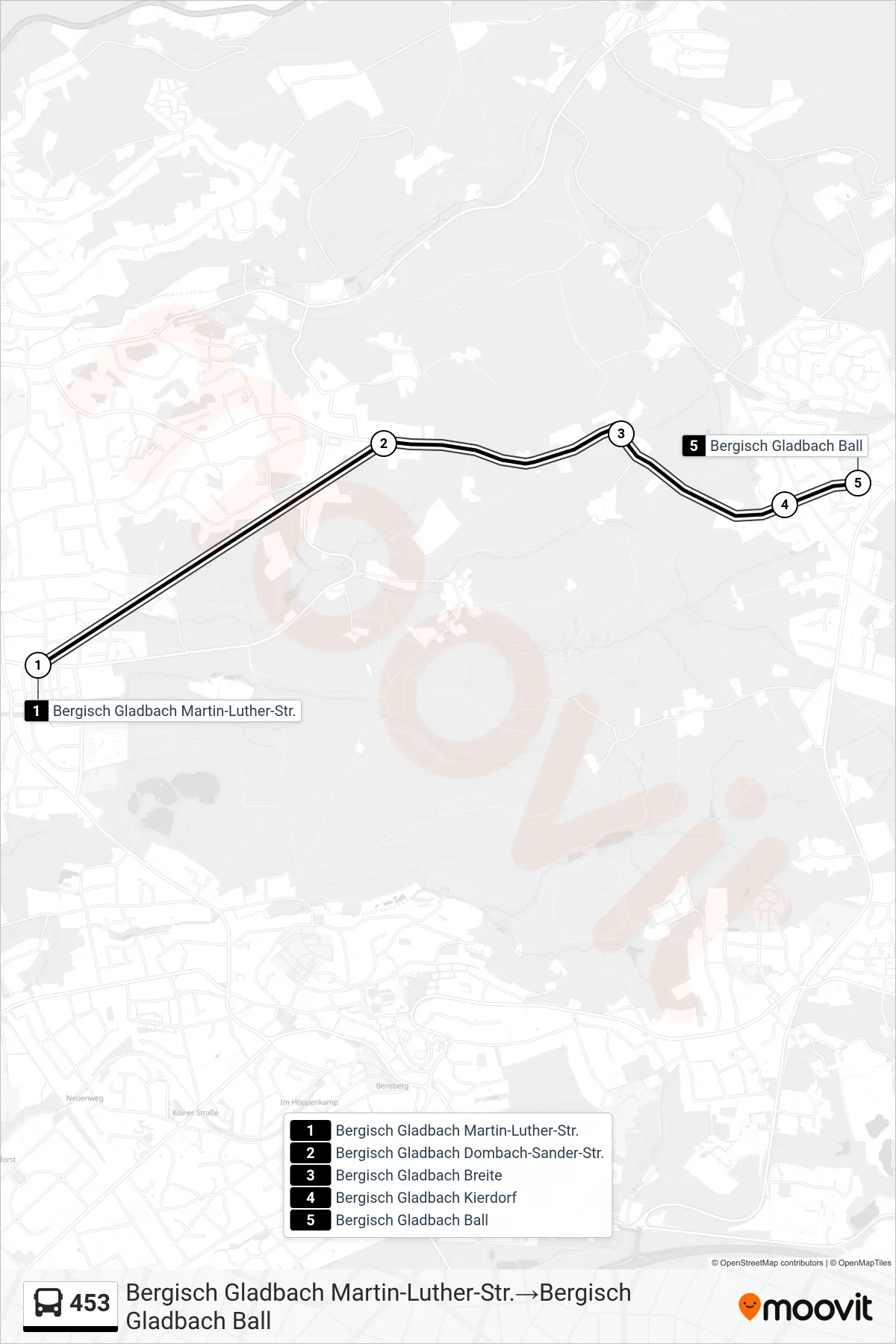453 bus Line (Bergisch Gladbach Martin-Luther-Str.‎→Bergisch Gladbach Ball) route and stops on a map