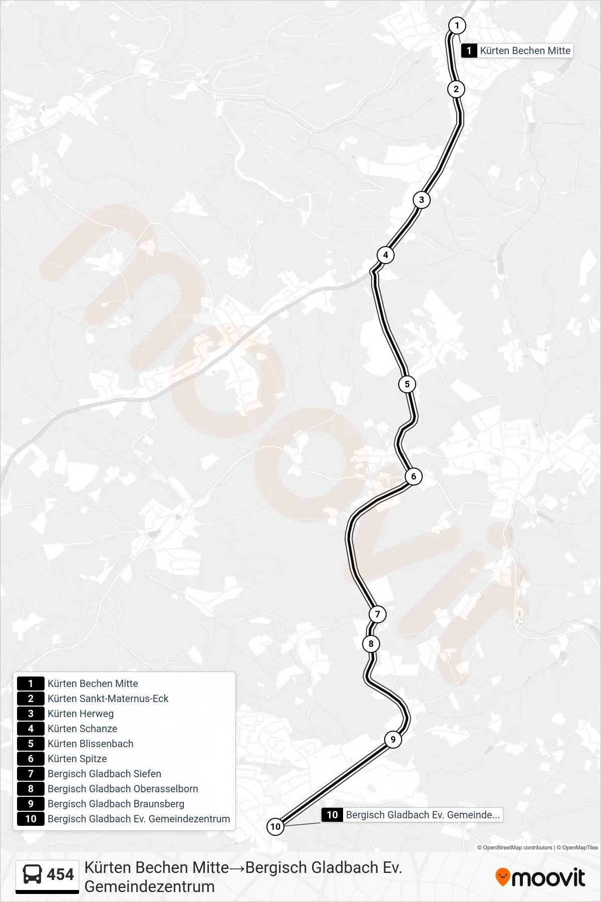 Linie 454 (Bus) Richtung Kürten Bechen Mitte→Bergisch Gladbach Ev. Gemeindezentrum: Route und Haltestellen auf der Karte