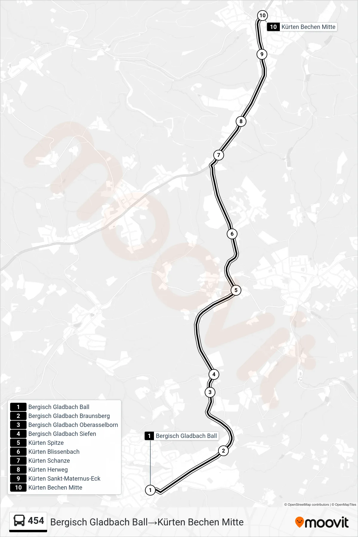 Linie 454 (Bus) Richtung Bergisch Gladbach Ball→Kürten Bechen Mitte: Route und Haltestellen auf der Karte