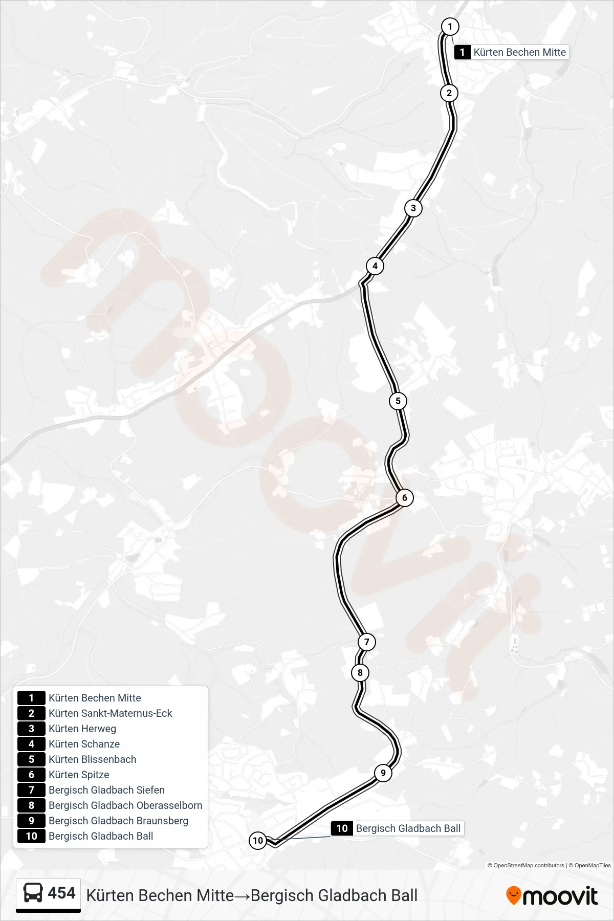 Linie 454 (Bus) Richtung Kürten Bechen Mitte‎→Bergisch Gladbach Ball: Route und Haltestellen auf der Karte