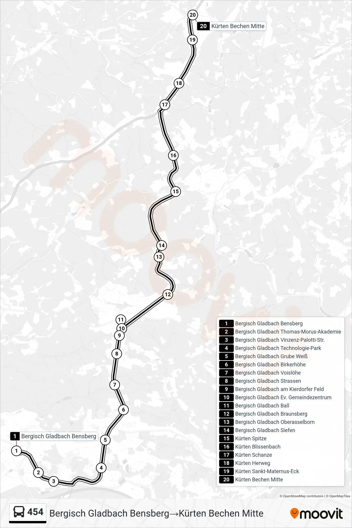 Linie 454 (Bus) Richtung Bergisch Gladbach Bensberg→Kürten Bechen Mitte: Route und Haltestellen auf der Karte