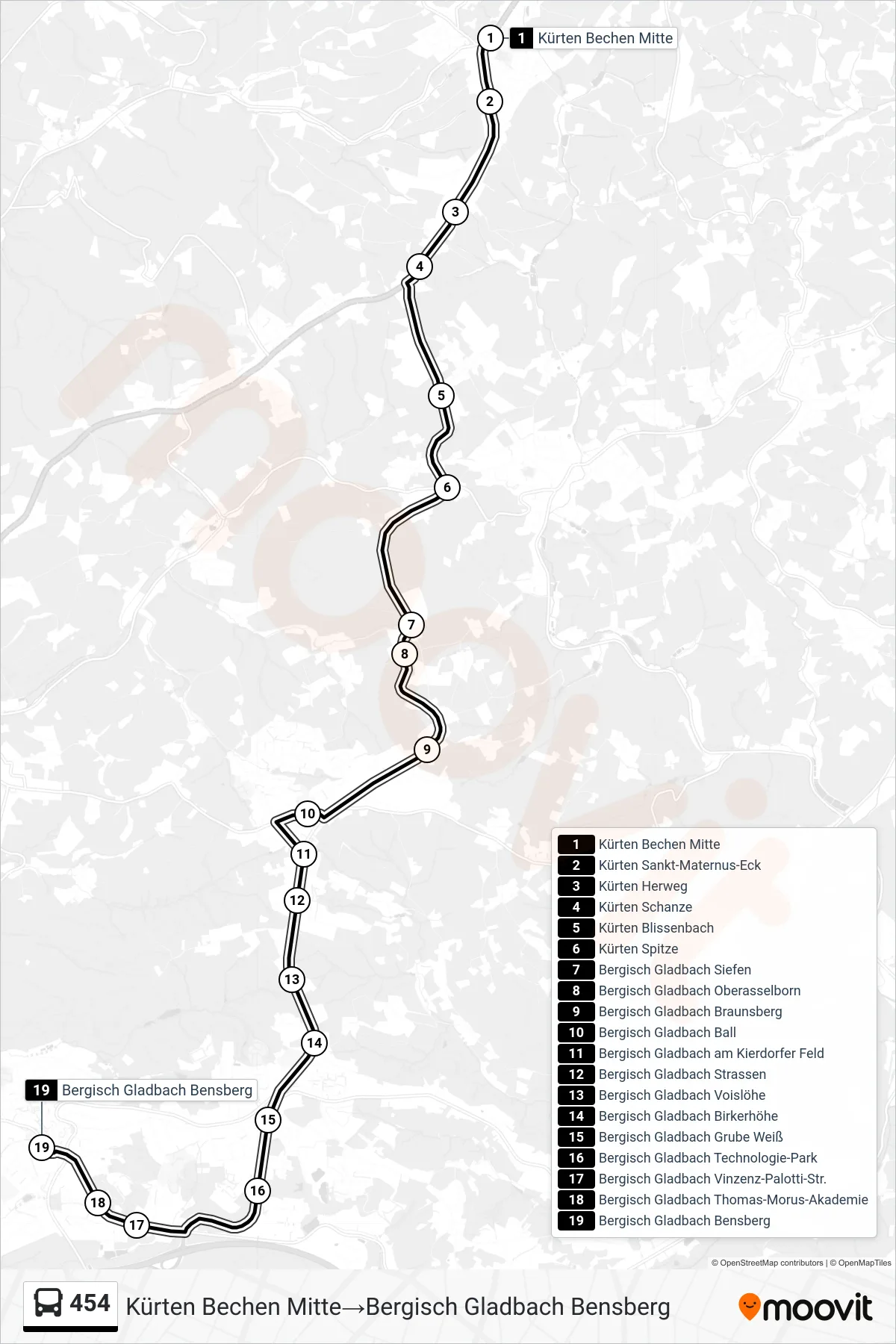 Linie 454 (Bus) Richtung Kürten Bechen Mitte‎→Bergisch Gladbach Bensberg: Route und Haltestellen auf der Karte