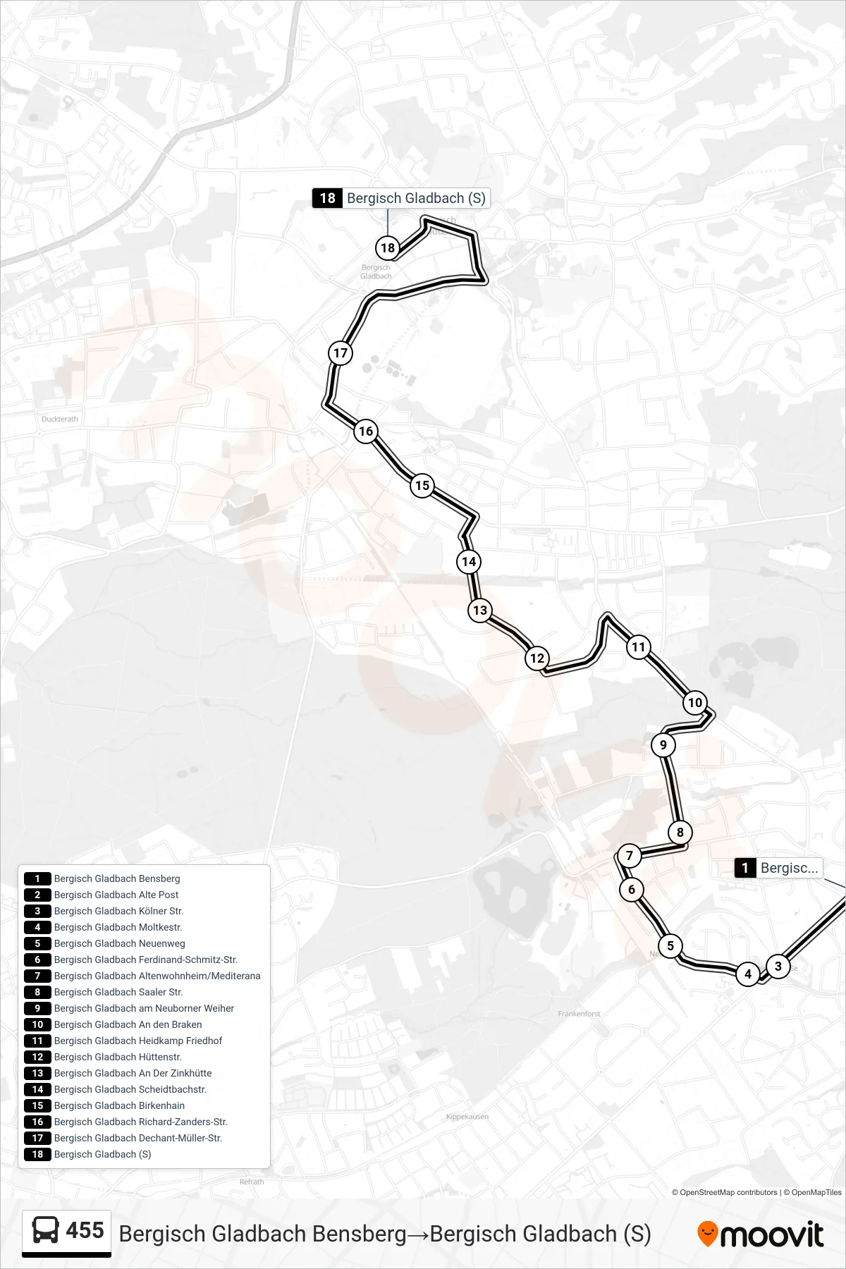 Linie 455 (Bus) Richtung Bergisch Gladbach Bensberg→Bergisch Gladbach (S): Route und Haltestellen auf der Karte