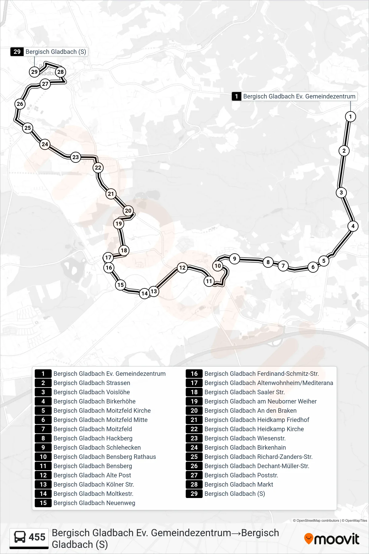 Linie 455 (Bus) Richtung Bergisch Gladbach Ev. Gemeindezentrum→Bergisch Gladbach (S): Route und Haltestellen auf der Karte