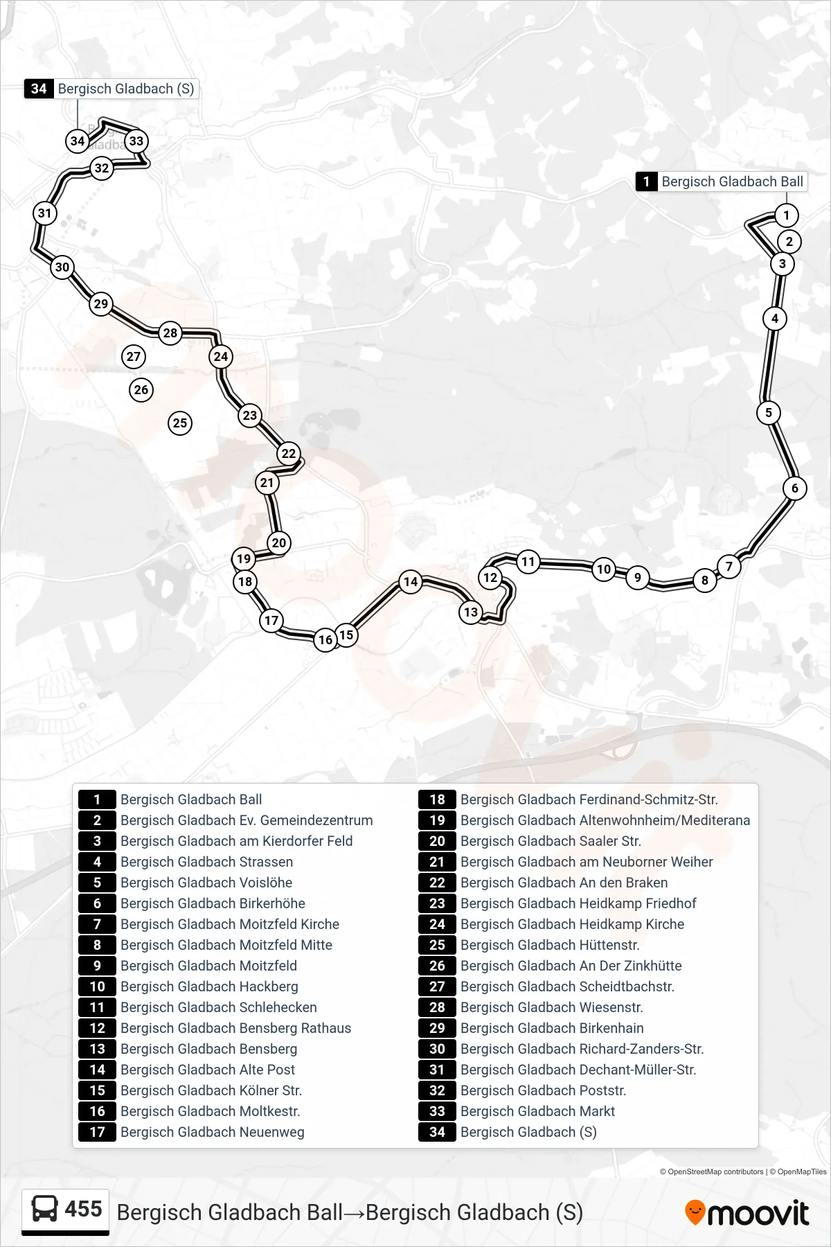 Linie 455 (Bus) Richtung Bergisch Gladbach Ball→Bergisch Gladbach (S): Route und Haltestellen auf der Karte