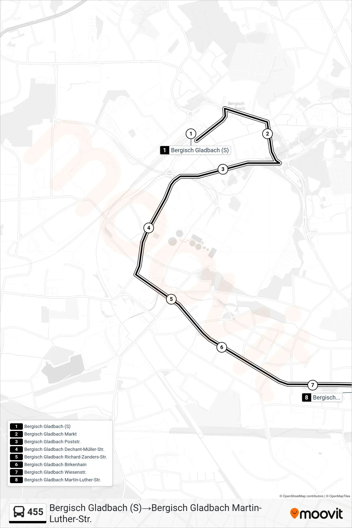 Linie 455 (Bus) Richtung Bergisch Gladbach (S)→Bergisch Gladbach Martin-Luther-Str.: Route und Haltestellen auf der Karte