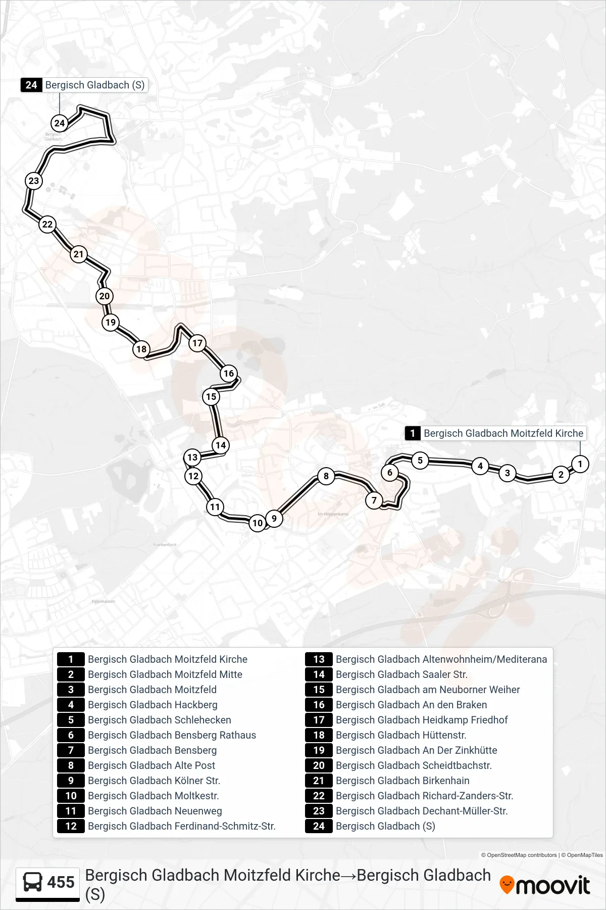 Linie 455 (Bus) Richtung Bergisch Gladbach Moitzfeld Kirche‎→Bergisch Gladbach (S): Route und Haltestellen auf der Karte
