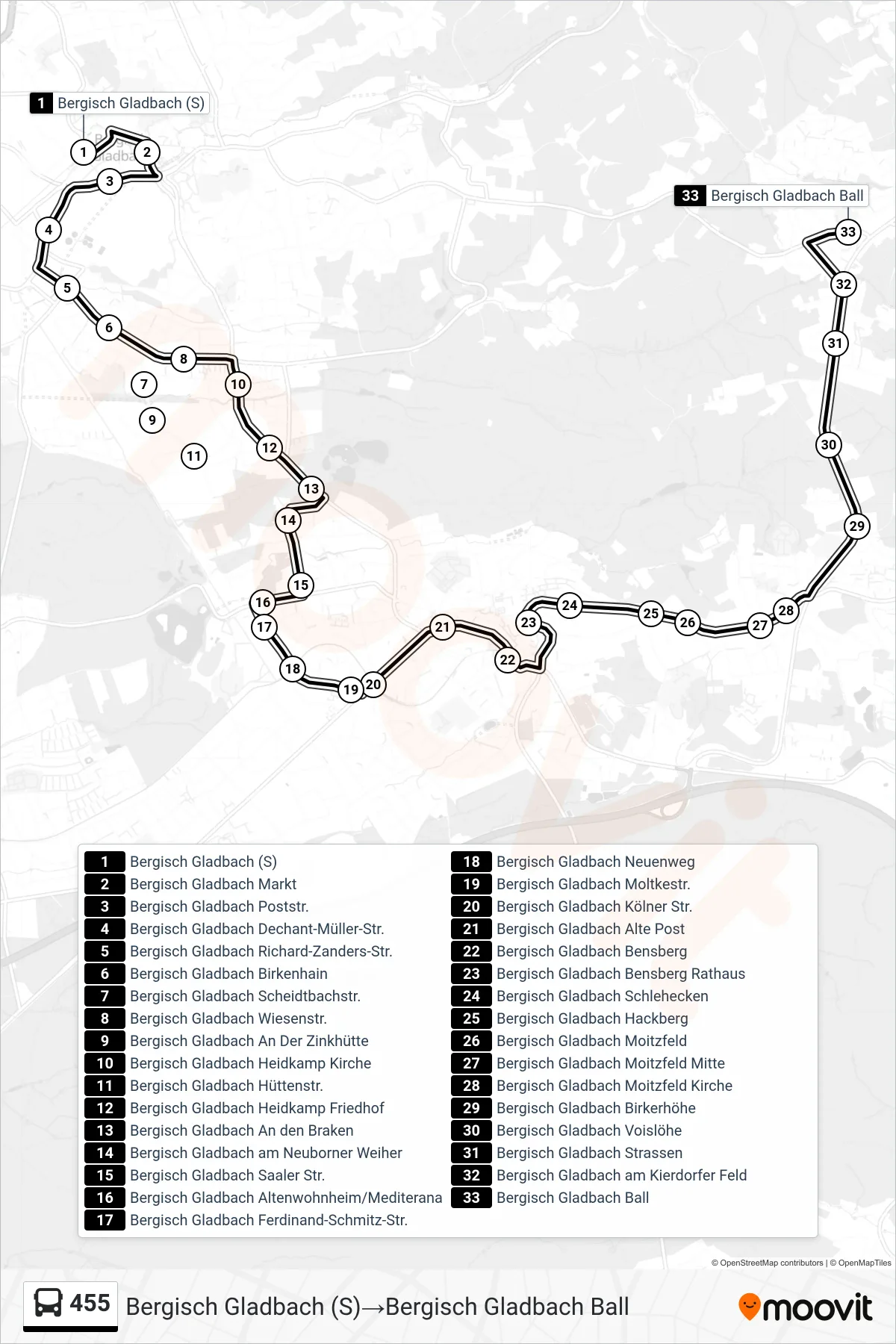 Linie 455 (Bus) Richtung Bergisch Gladbach (S)→Bergisch Gladbach Ball: Route und Haltestellen auf der Karte