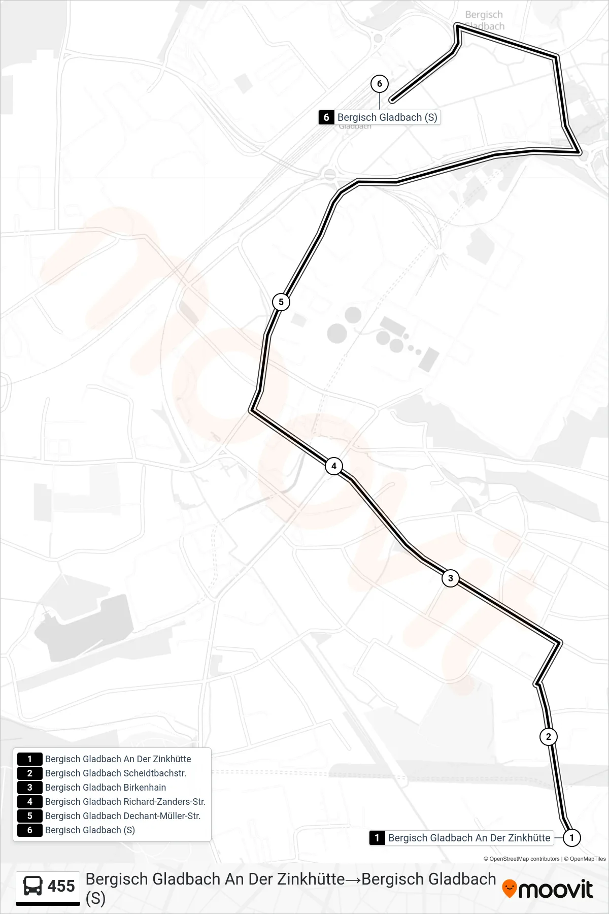 455 bus Line (Bergisch Gladbach An Der Zinkhütte→Bergisch Gladbach (S)) route and stops on a map
