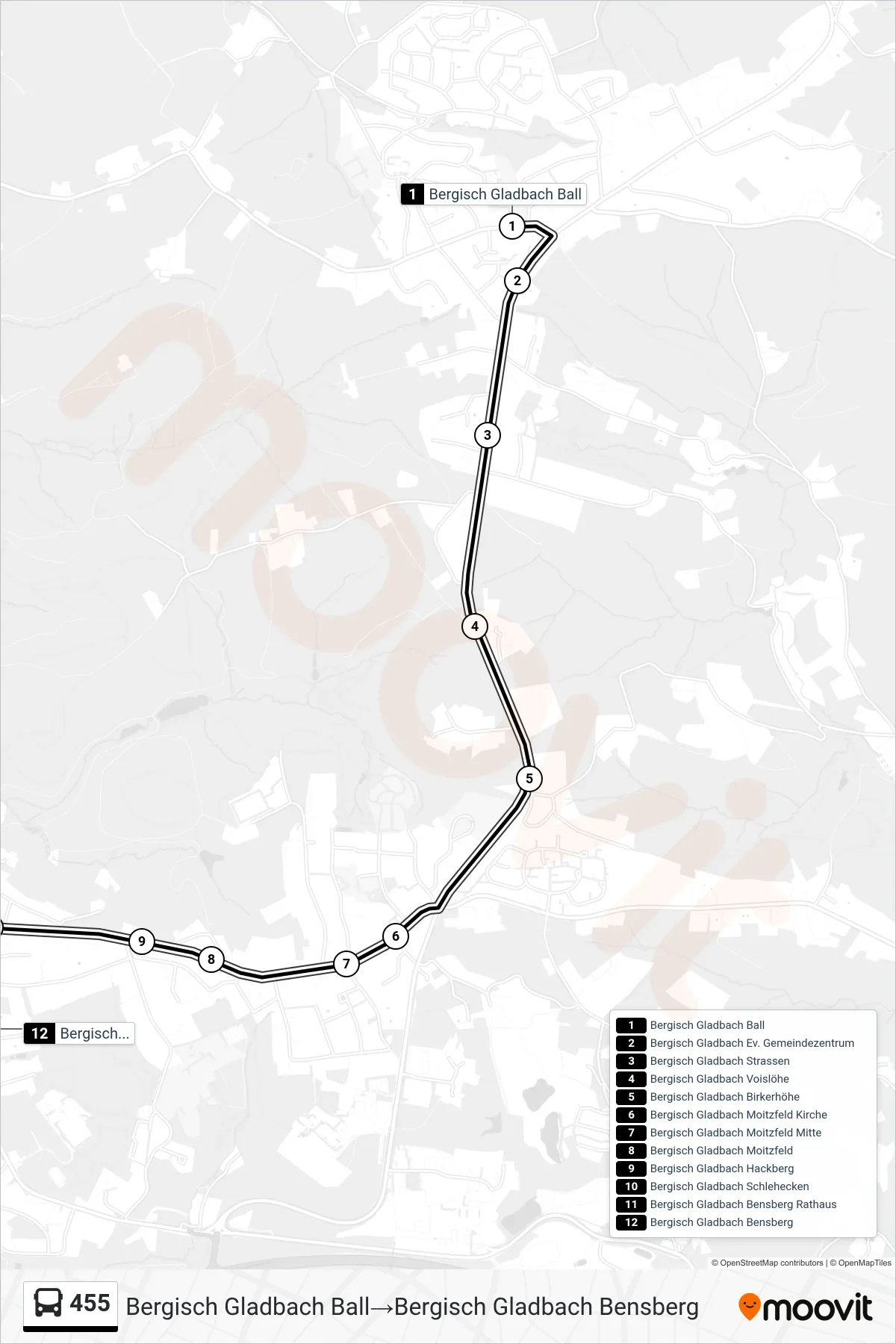 Linie 455 (Bus) Richtung Bergisch Gladbach Ball‎→Bergisch Gladbach Bensberg: Route und Haltestellen auf der Karte