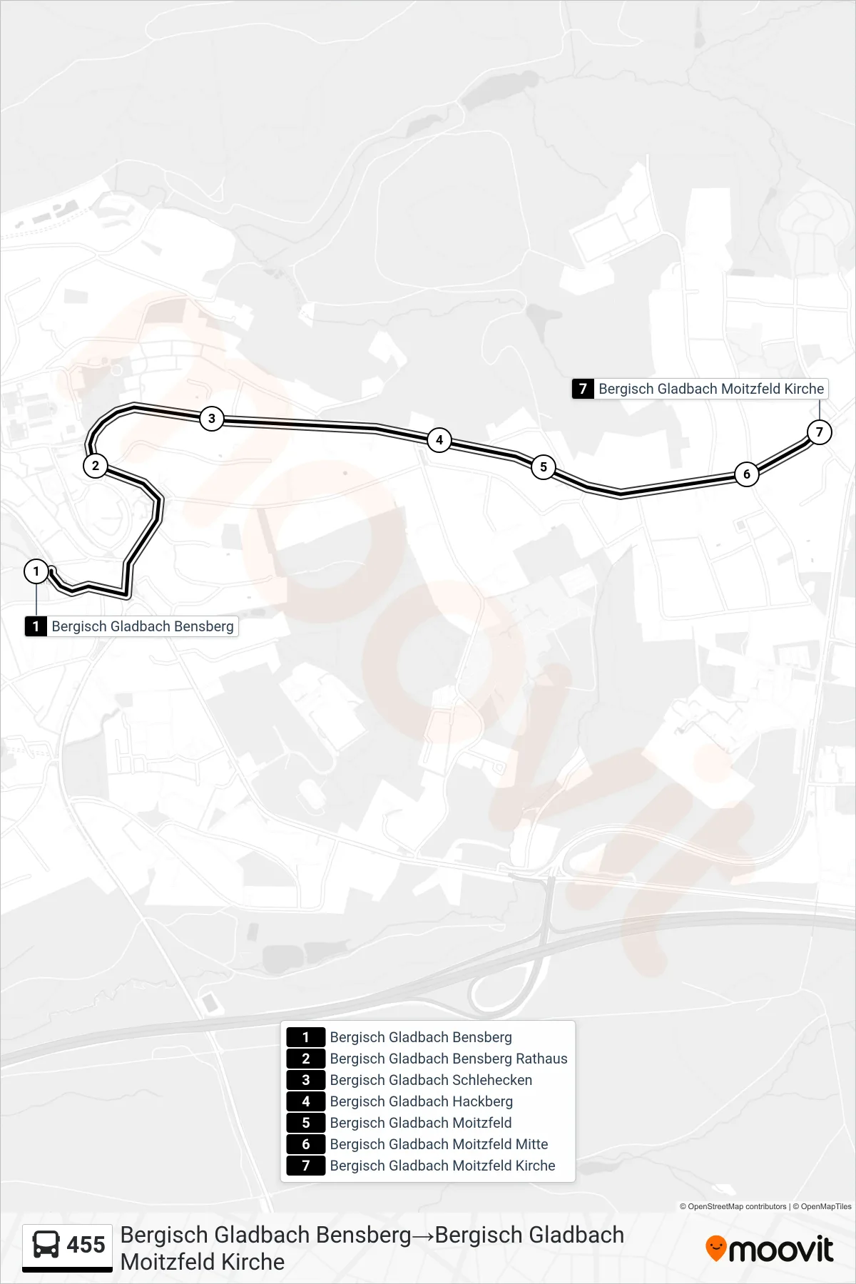 Linie 455 (Bus) Richtung Bergisch Gladbach Bensberg→Bergisch Gladbach Moitzfeld Kirche: Route und Haltestellen auf der Karte