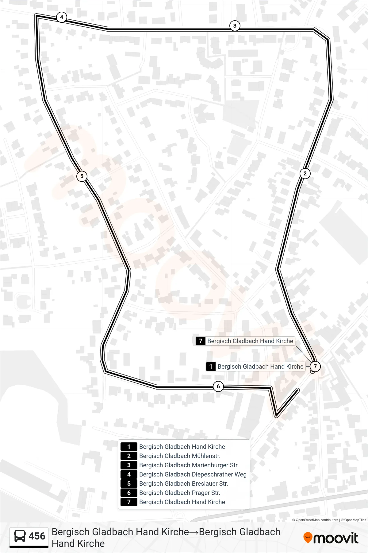 Linie 456 (Bus) Richtung Bergisch Gladbach Hand Kirche‎→Bergisch Gladbach Hand Kirche: Route und Haltestellen auf der Karte