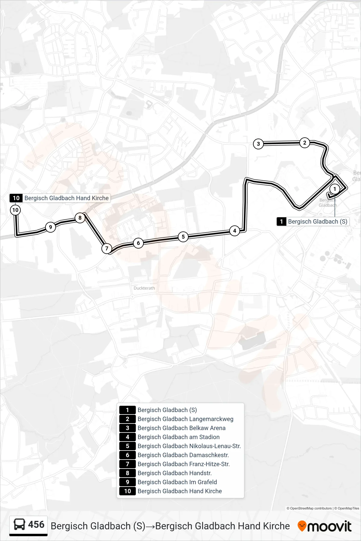 Linie 456 (Bus) Richtung Bergisch Gladbach (S)‎→Bergisch Gladbach Hand Kirche: Route und Haltestellen auf der Karte