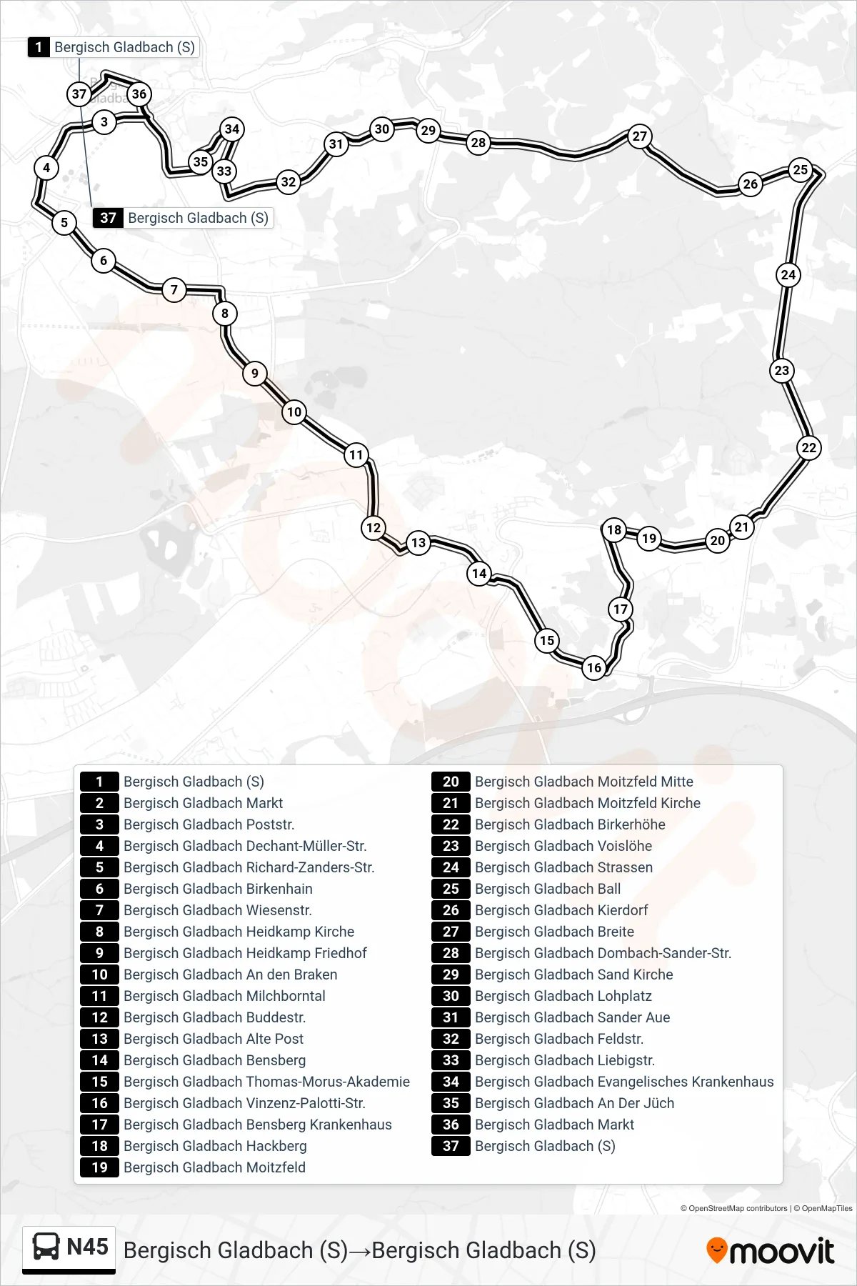 Linie N45 (Bus) Richtung Bergisch Gladbach (S)→Bergisch Gladbach (S): Route und Haltestellen auf der Karte