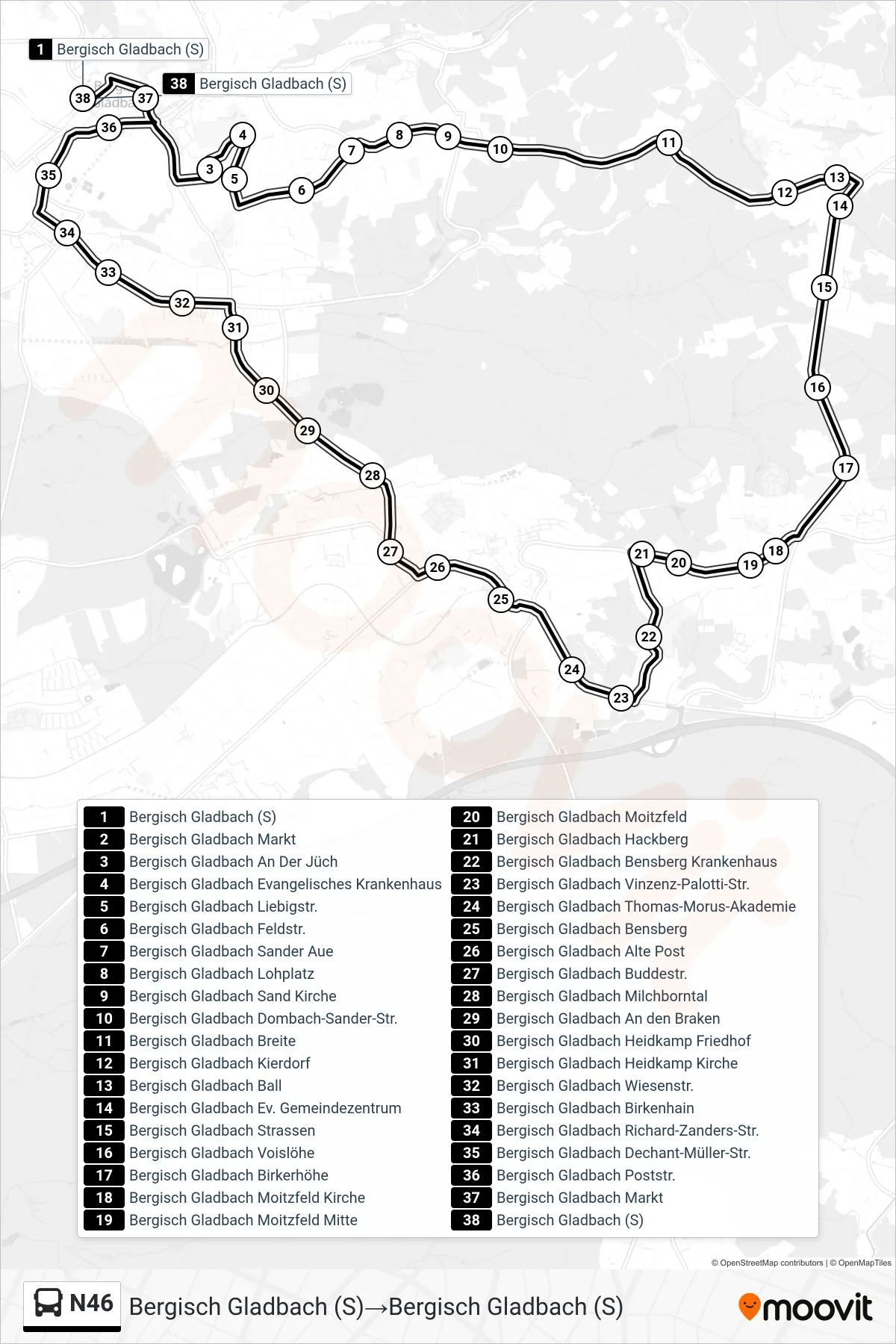 Linie N46 (Bus) Richtung Bergisch Gladbach (S)‎→Bergisch Gladbach (S): Route und Haltestellen auf der Karte