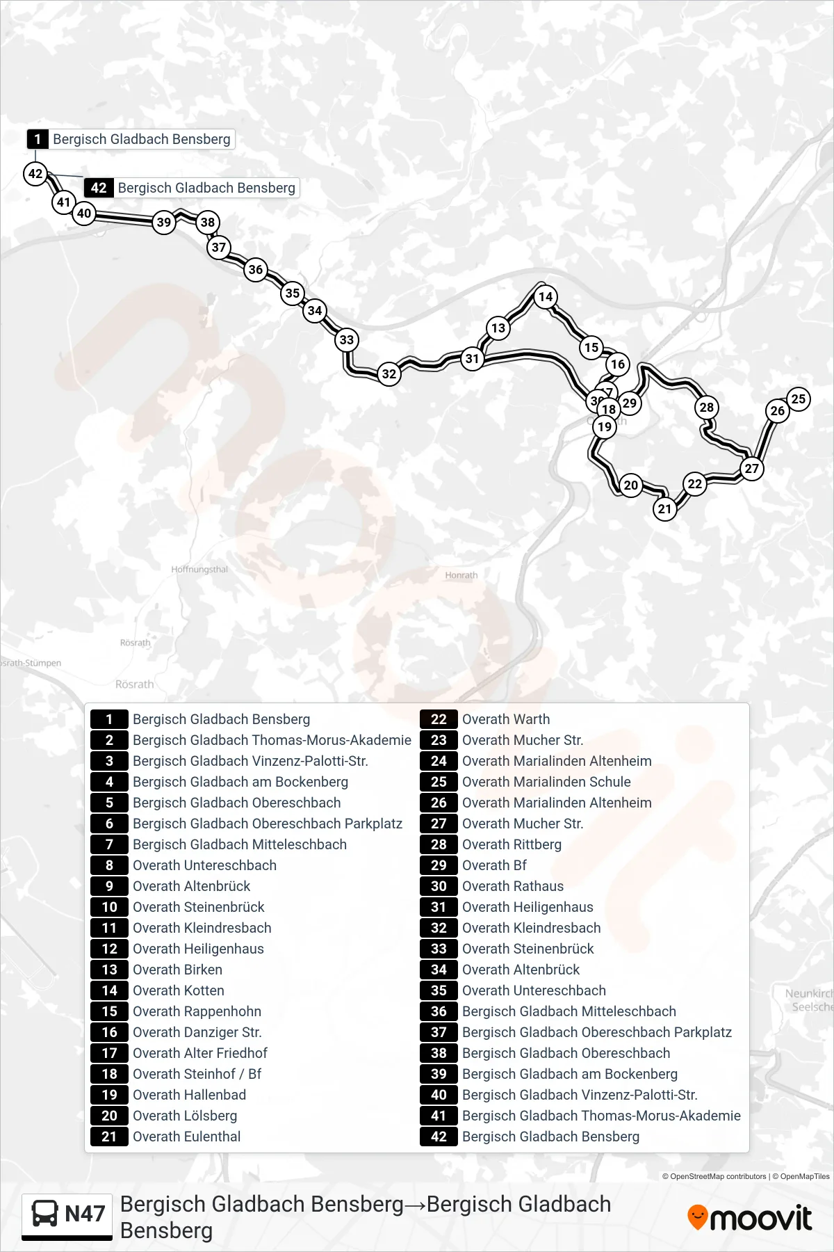 Linie N47 (Bus) Richtung Bergisch Gladbach Bensberg‎→Bergisch Gladbach Bensberg: Route und Haltestellen auf der Karte