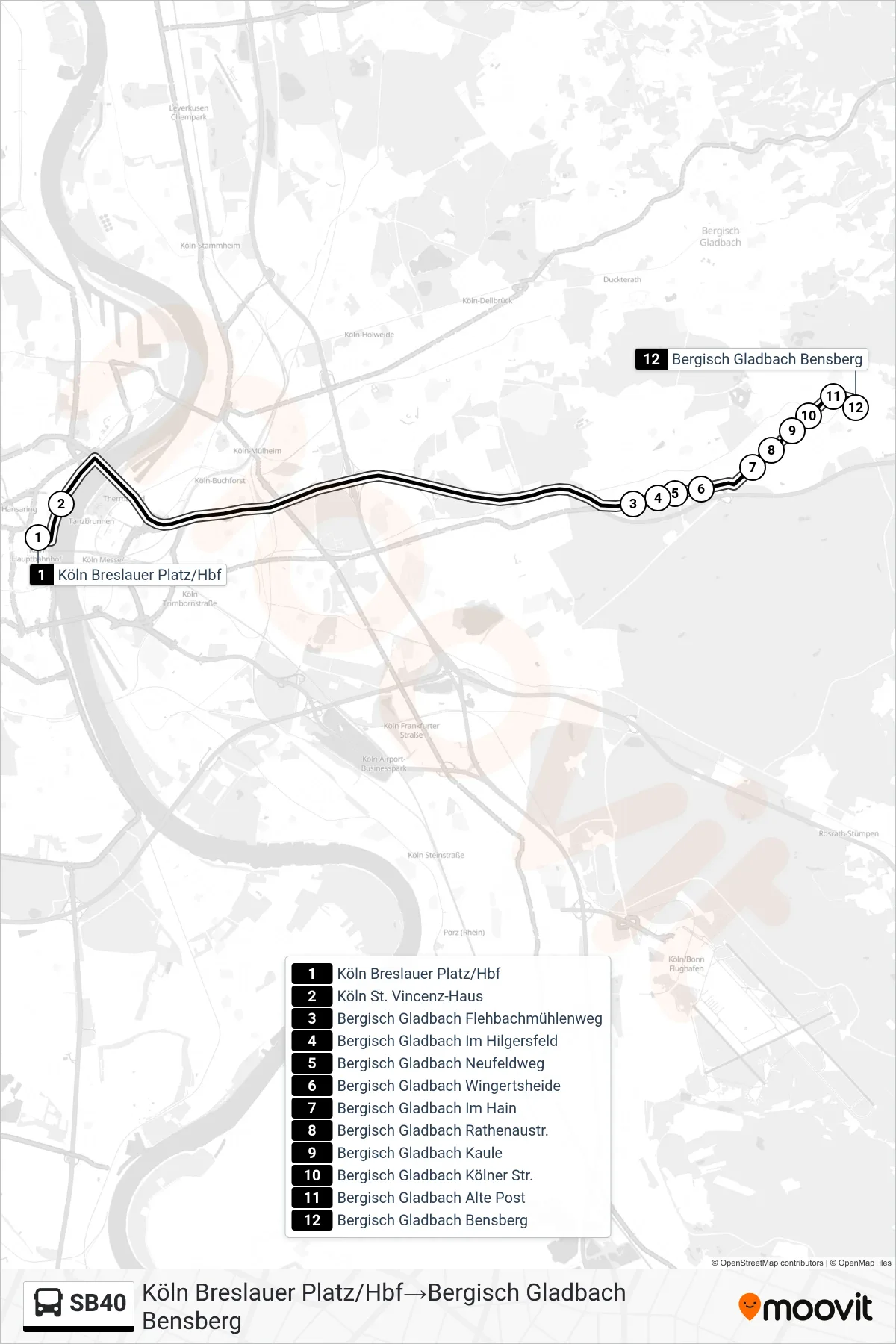 Linie SB40 (Bus) Richtung Köln Breslauer Platz/Hbf‎→Bergisch Gladbach Bensberg: Route und Haltestellen auf der Karte