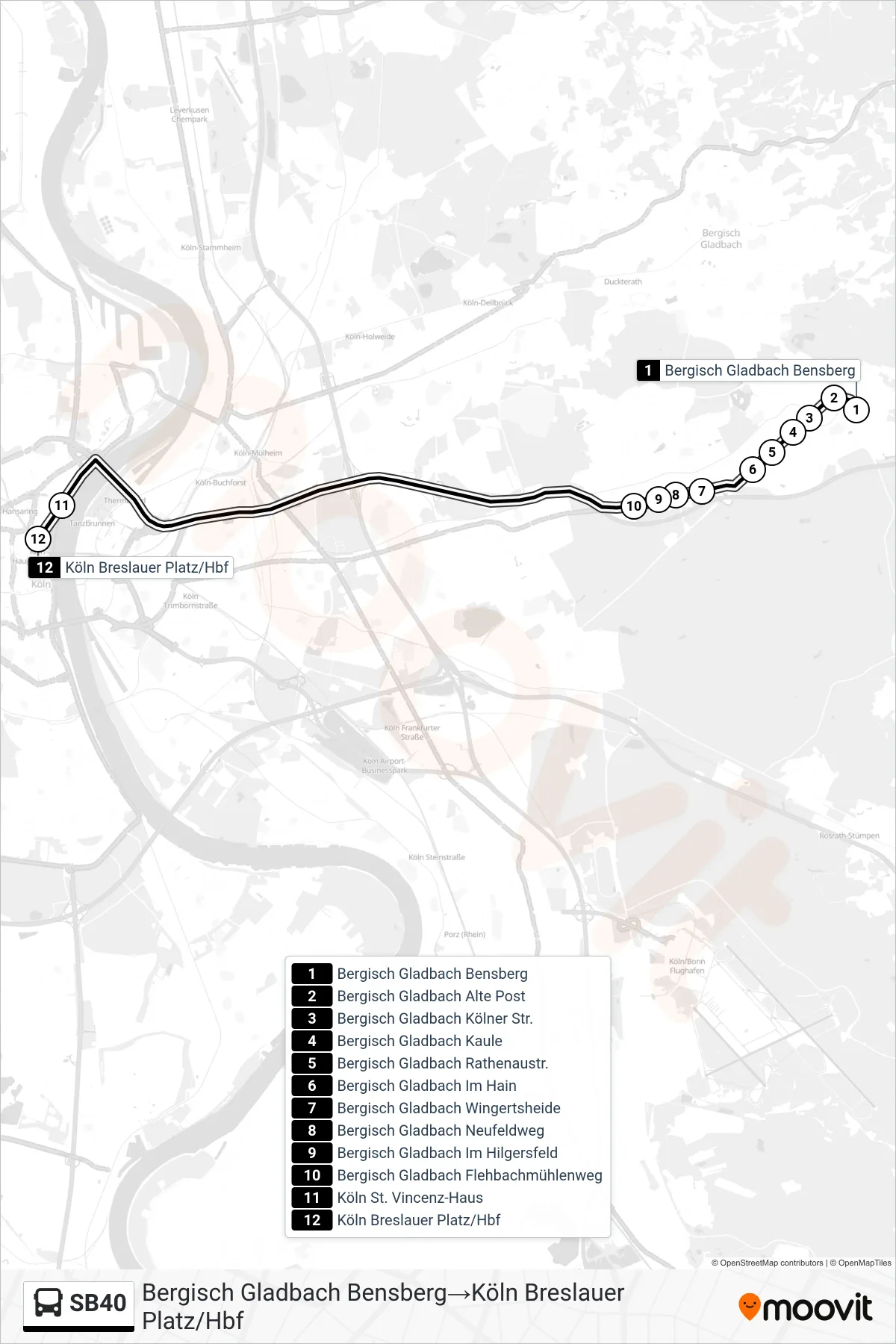 Linie SB40 (Bus) Richtung Bergisch Gladbach Bensberg→Köln Breslauer Platz/Hbf: Route und Haltestellen auf der Karte