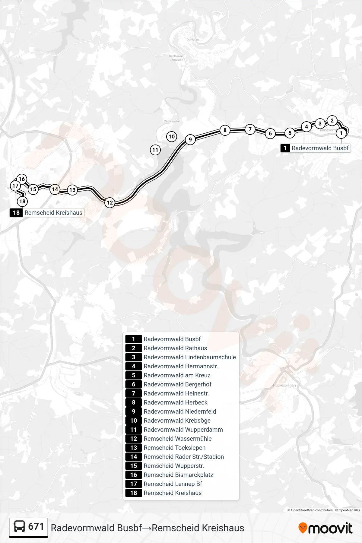 Linie 671 (Bus) Richtung Radevormwald Busbf‎→Remscheid Kreishaus: Route und Haltestellen auf der Karte