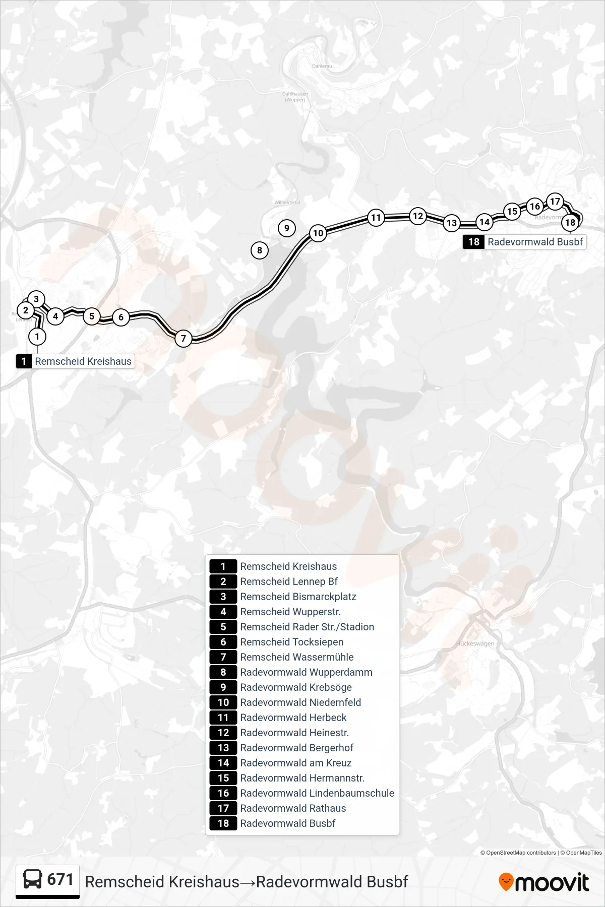Linie 671 (Bus) Richtung Remscheid Kreishaus‎→Radevormwald Busbf: Route und Haltestellen auf der Karte