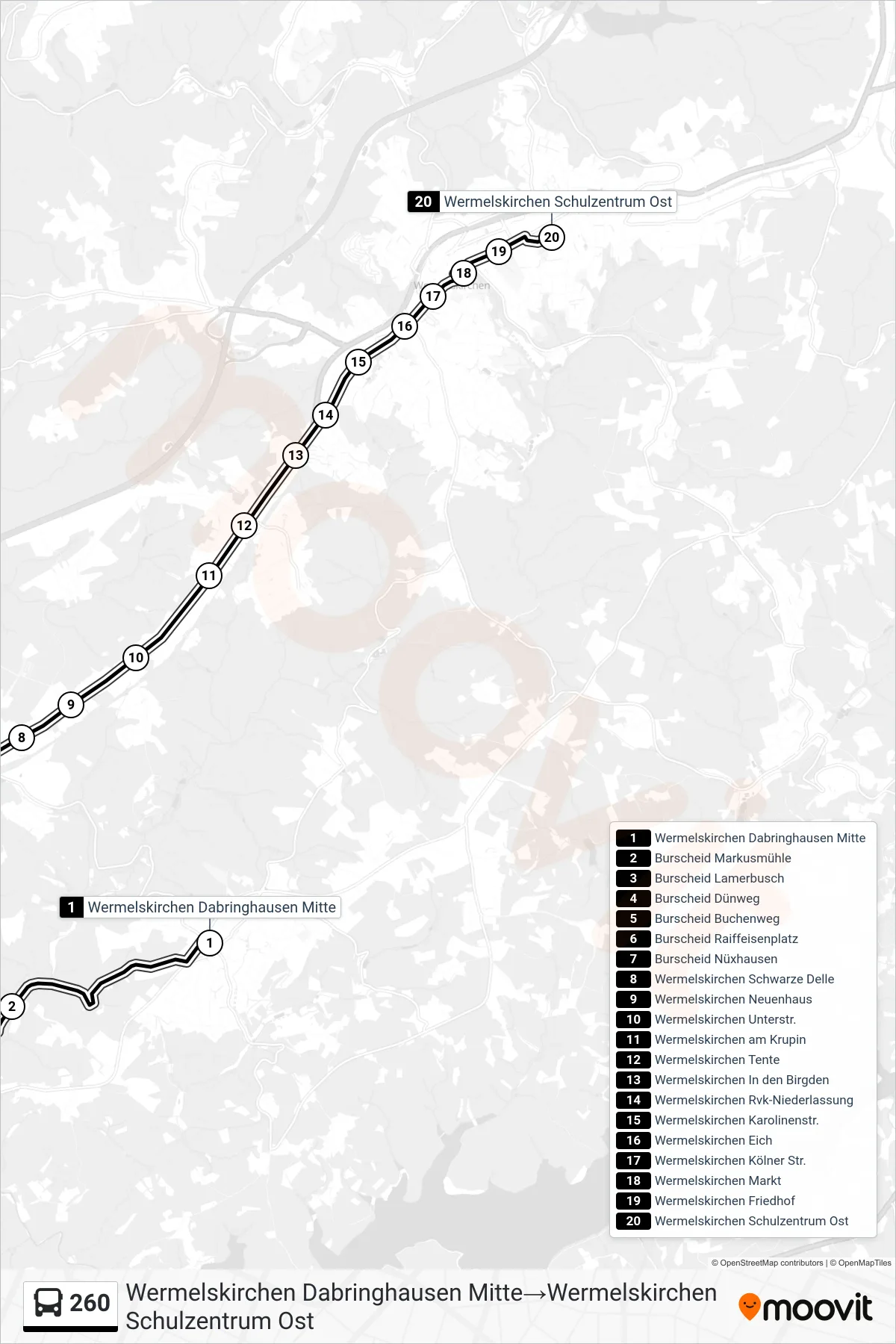 Linie 260 (Bus) Richtung Wermelskirchen Dabringhausen Mitte‎→Wermelskirchen Schulzentrum Ost: Route und Haltestellen auf der Karte