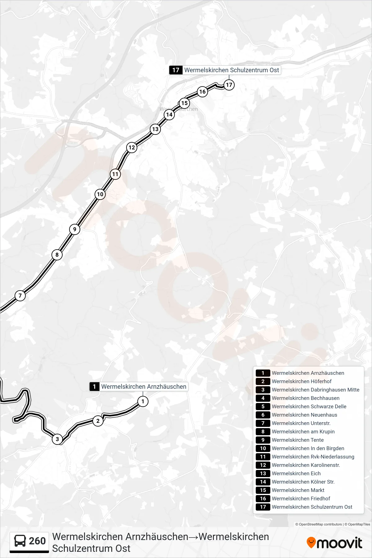 Linie 260 (Bus) Richtung Wermelskirchen Arnzhäuschen‎→Wermelskirchen Schulzentrum Ost: Route und Haltestellen auf der Karte