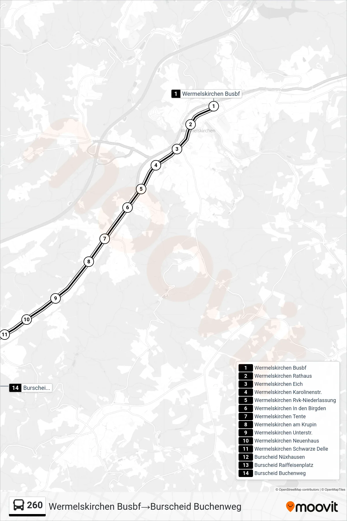 260 bus Line (Wermelskirchen Busbf→Burscheid Buchenweg) route and stops on a map