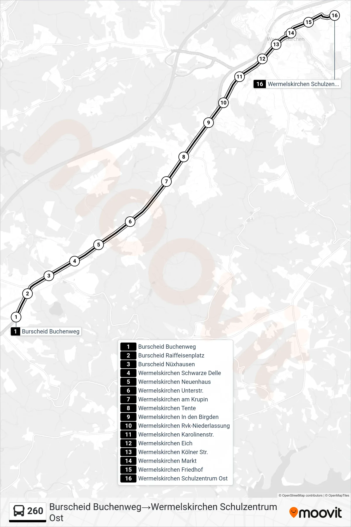 Linie 260 (Bus) Richtung Burscheid Buchenweg→Wermelskirchen Schulzentrum Ost: Route und Haltestellen auf der Karte