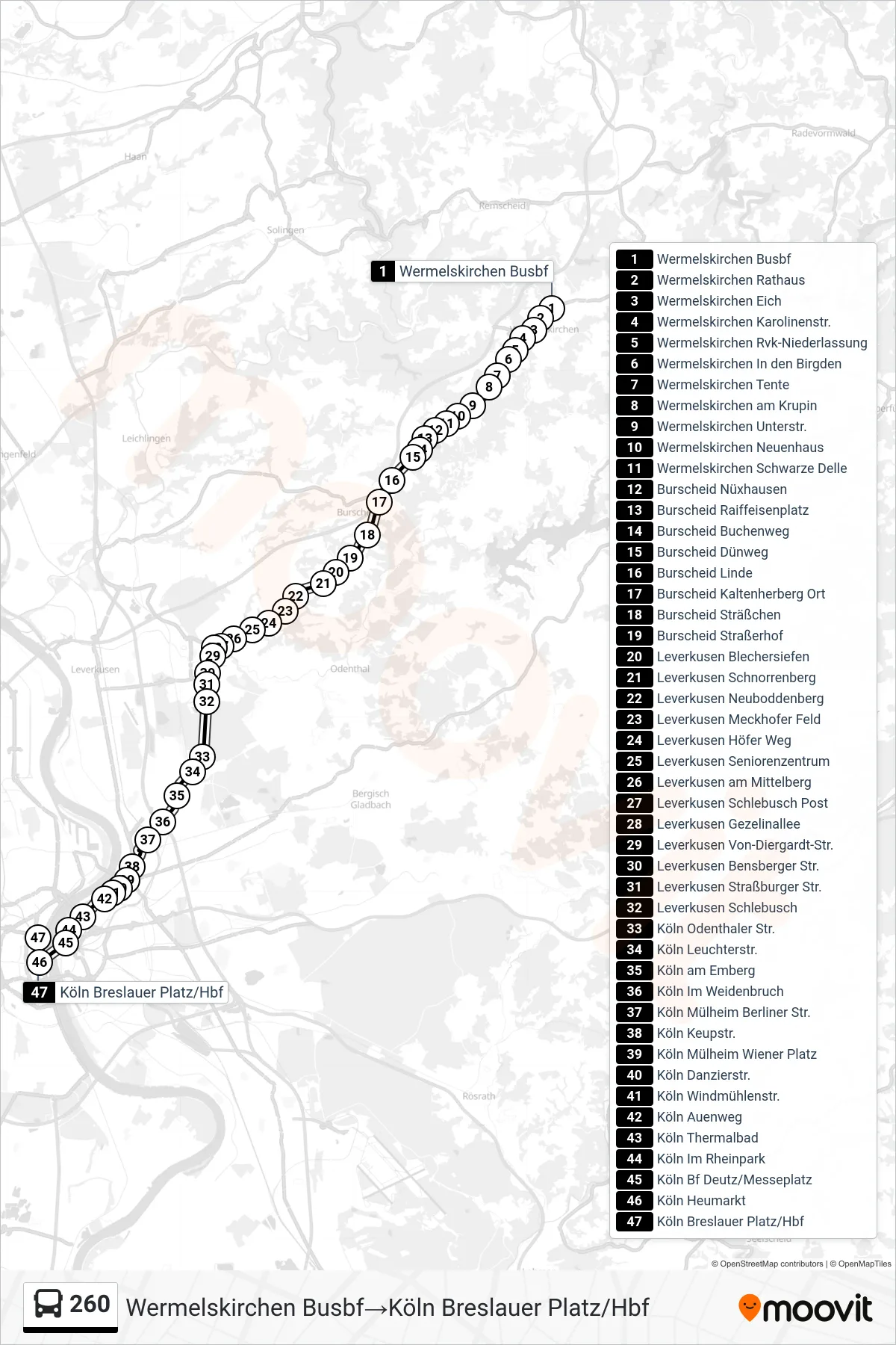 Linie 260 (Bus) Richtung Wermelskirchen Busbf→Köln Breslauer Platz/Hbf: Route und Haltestellen auf der Karte