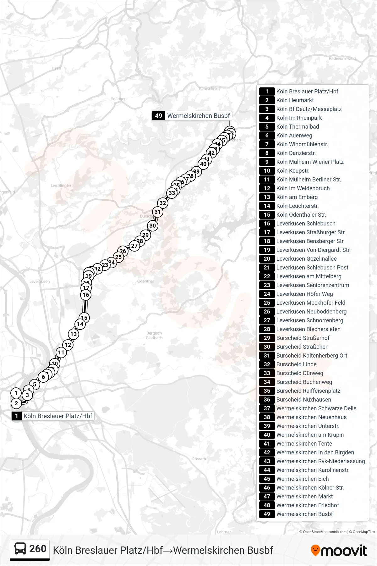 Linie 260 (Bus) Richtung Köln Breslauer Platz/Hbf→Wermelskirchen Busbf: Route und Haltestellen auf der Karte