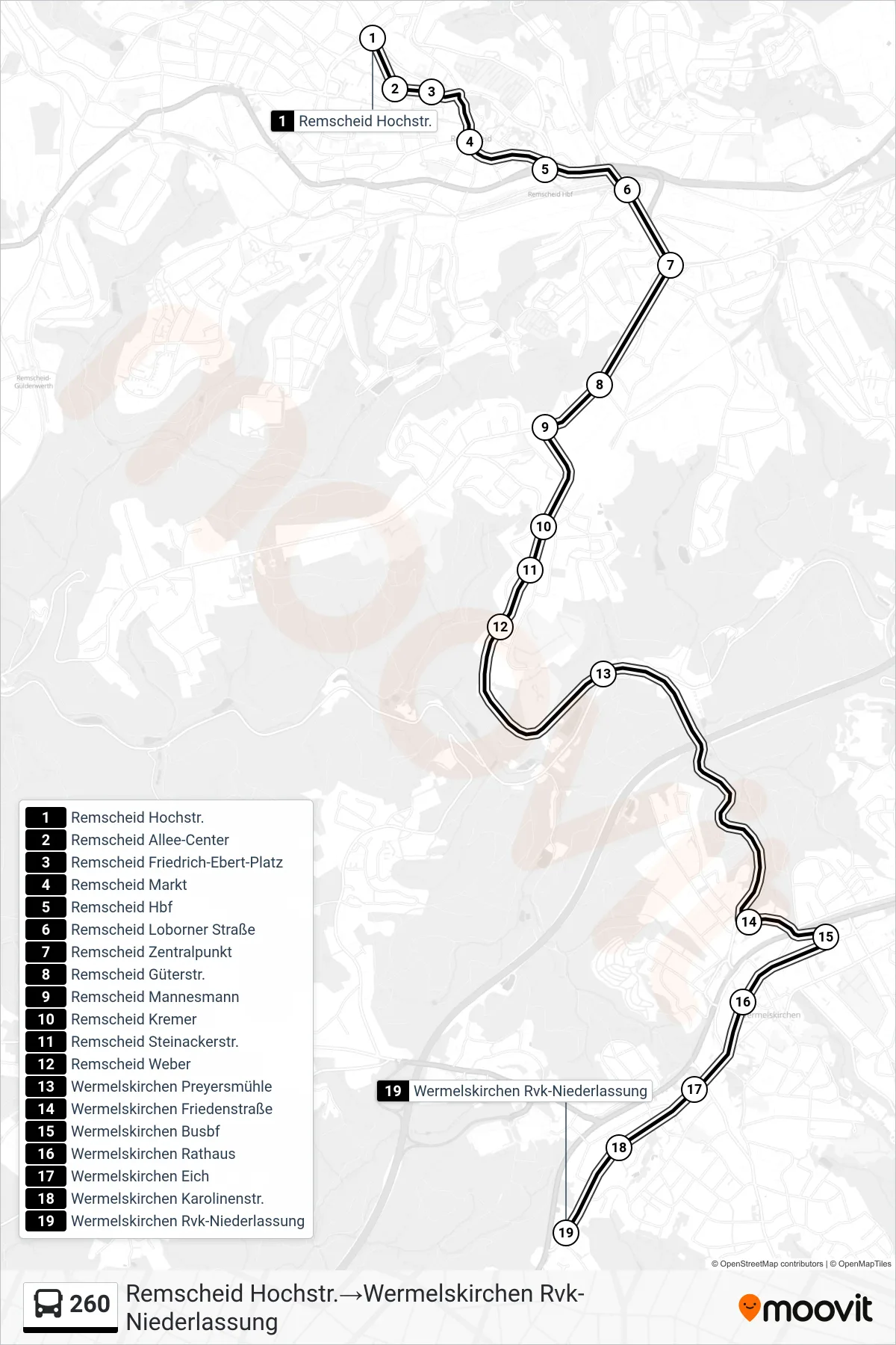 Linie 260 (Bus) Richtung Remscheid Hochstr.→Wermelskirchen Rvk-Niederlassung: Route und Haltestellen auf der Karte